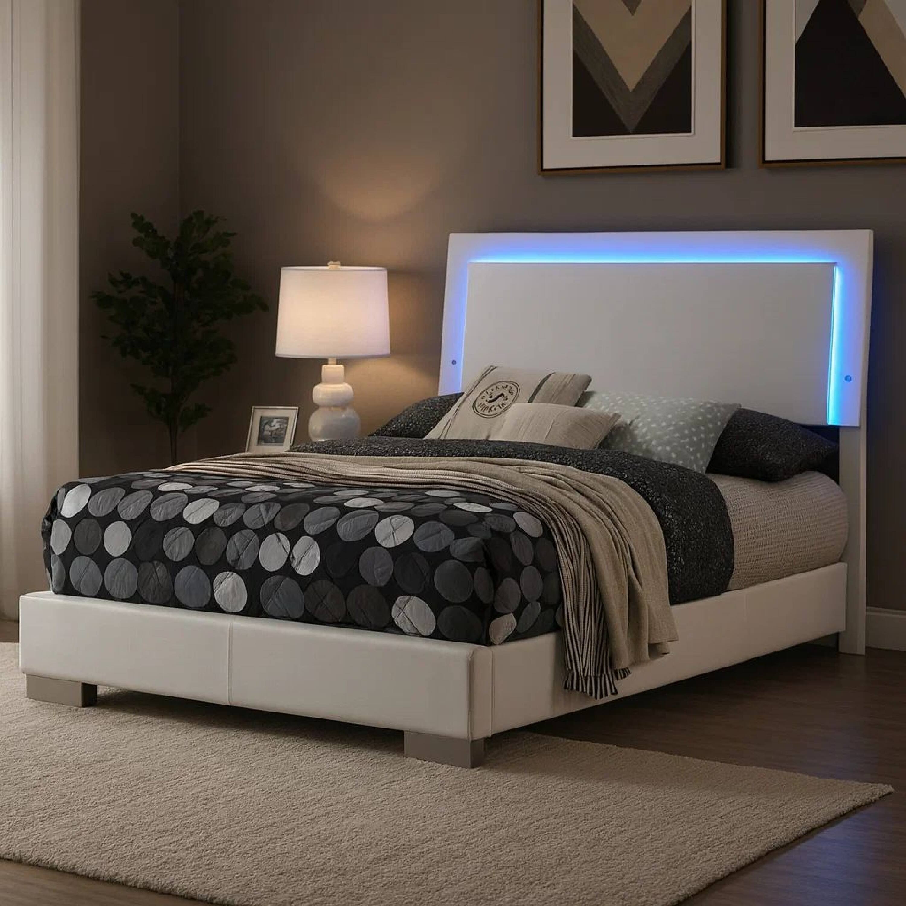 Alt View 5. Manhattan Lane - Sok Full Panel Bed with LED Headboard, Low Profile Footboard - White.