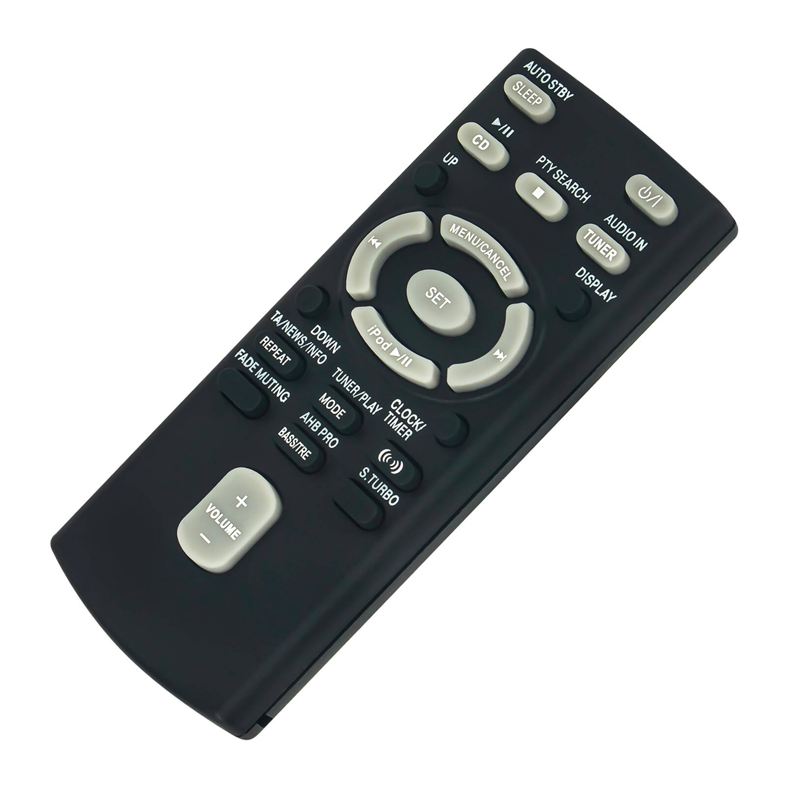 AUTO SLEEP STBY  
CD UP PTY SEARCH  
AUDIO MENU/CANCEL TUNER IN SET DISPLAY  
TA TA/NEWS/INFO  
iPod FADE REPEAT INFO  
TUNER MUTE TUNER/PLAY  
AHB MODE CLOCK PRO TIMER  
BASS/TRE S. + TURBO  
VOLUME  

TA NEWS DOWN  
REPEAT FADE MUTE  
TUNER TIMER  
iPod  
MODE AHB PRO  
BASS/TRE S. + TURBO  
VOLUME