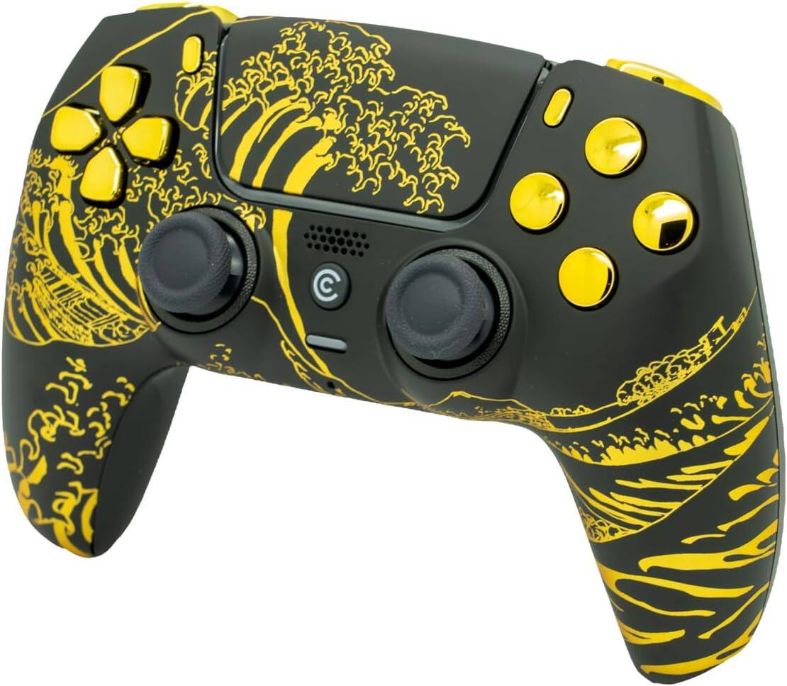 Angle. Custom Controllerzz - Custom Wireless Controller for PS5 - Golden Waves & Gold Chrome Inserts.