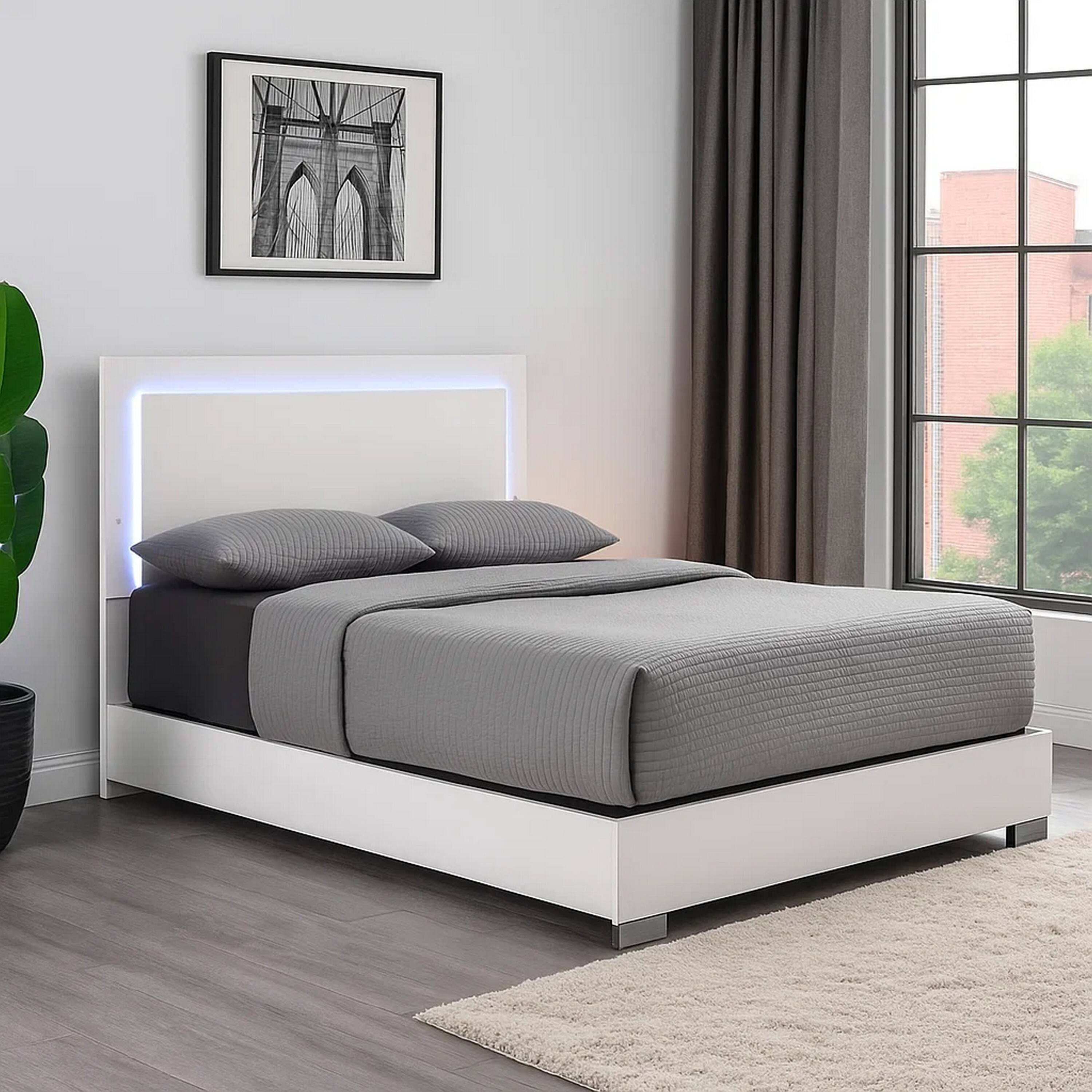 Alt View 5. Manhattan Lane - Suni Queen Size Bed w LED on Headboard, White Wood Frame, Chrome Legs - White, Chrome Silver.