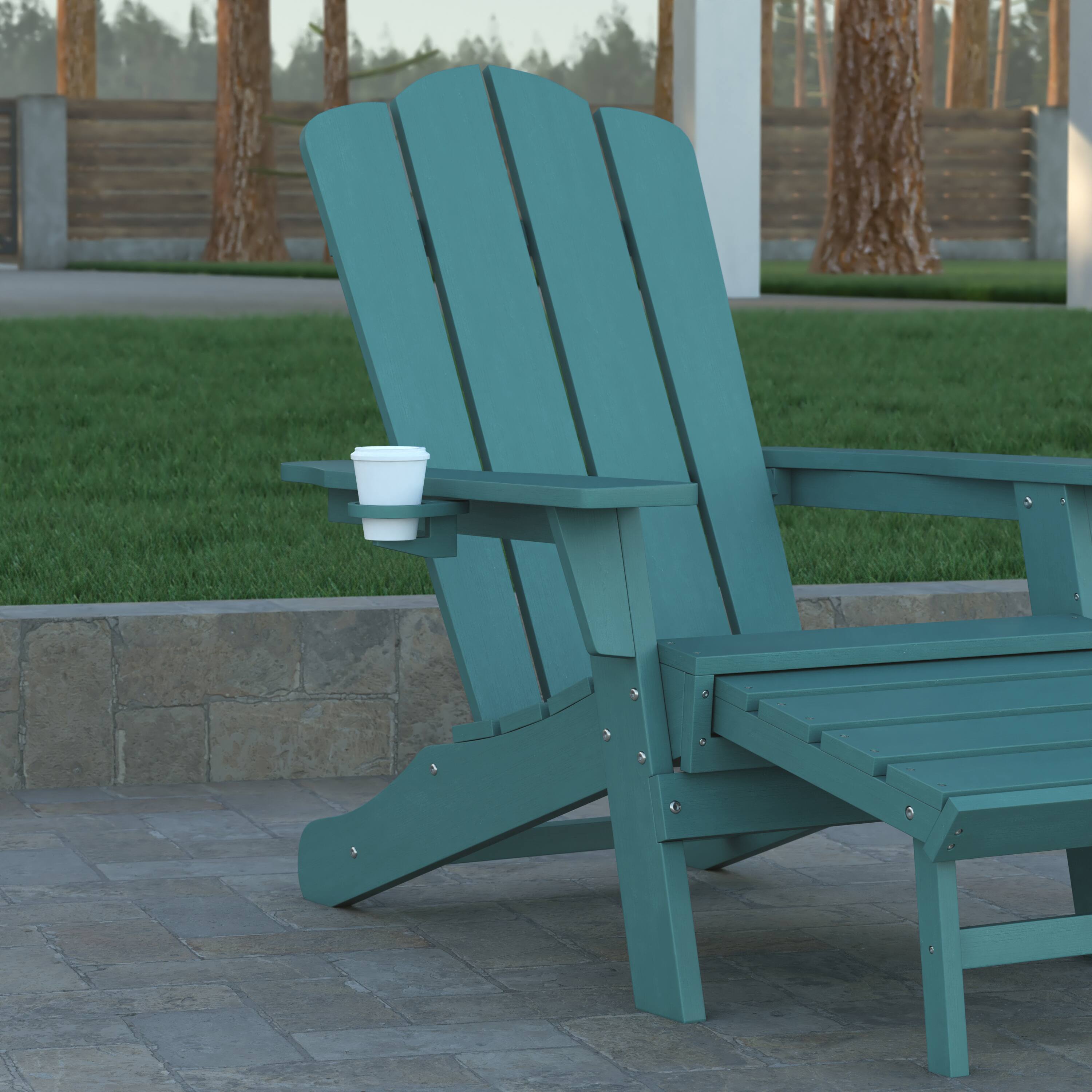 Alt View 5. Emma + Oliver - Tiverton Set of 2 Adirondack Chairs with Cup Holders and Pull Out Ottoman, All-Weather HDPE Indoor/Outdoor Lounge Chairs - Blue.