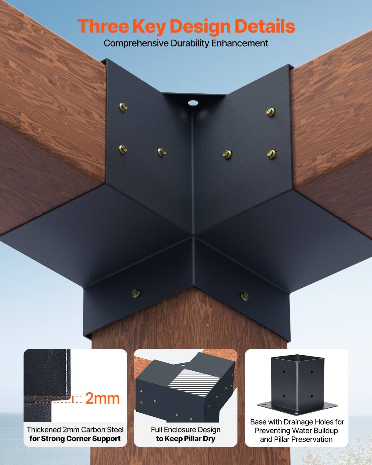 Three Key Design Details  
Comprehensive Durability Enhancement  

- 2mm Thickened Carbon Steel for Strong Corner Support  
- Full Enclosure Design to Keep Pillar Dry  
- Base with Drainage Holes for Preventing Water Buildup and Pillar Preservation