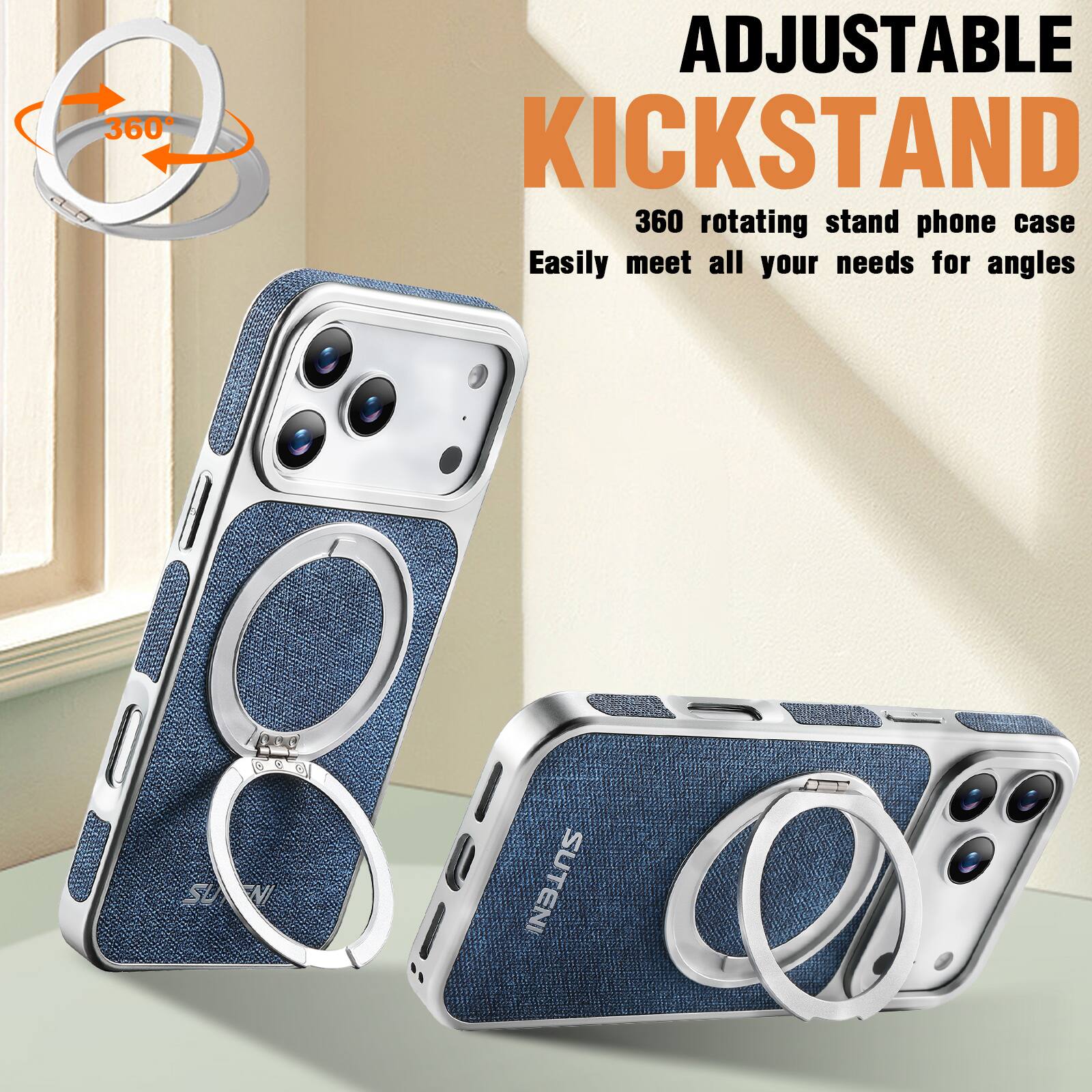 360 Adjustable Kickstand  
360 Rotating Stand Phone Case  
Easily meet all your needs for angles  
NI SUTENI