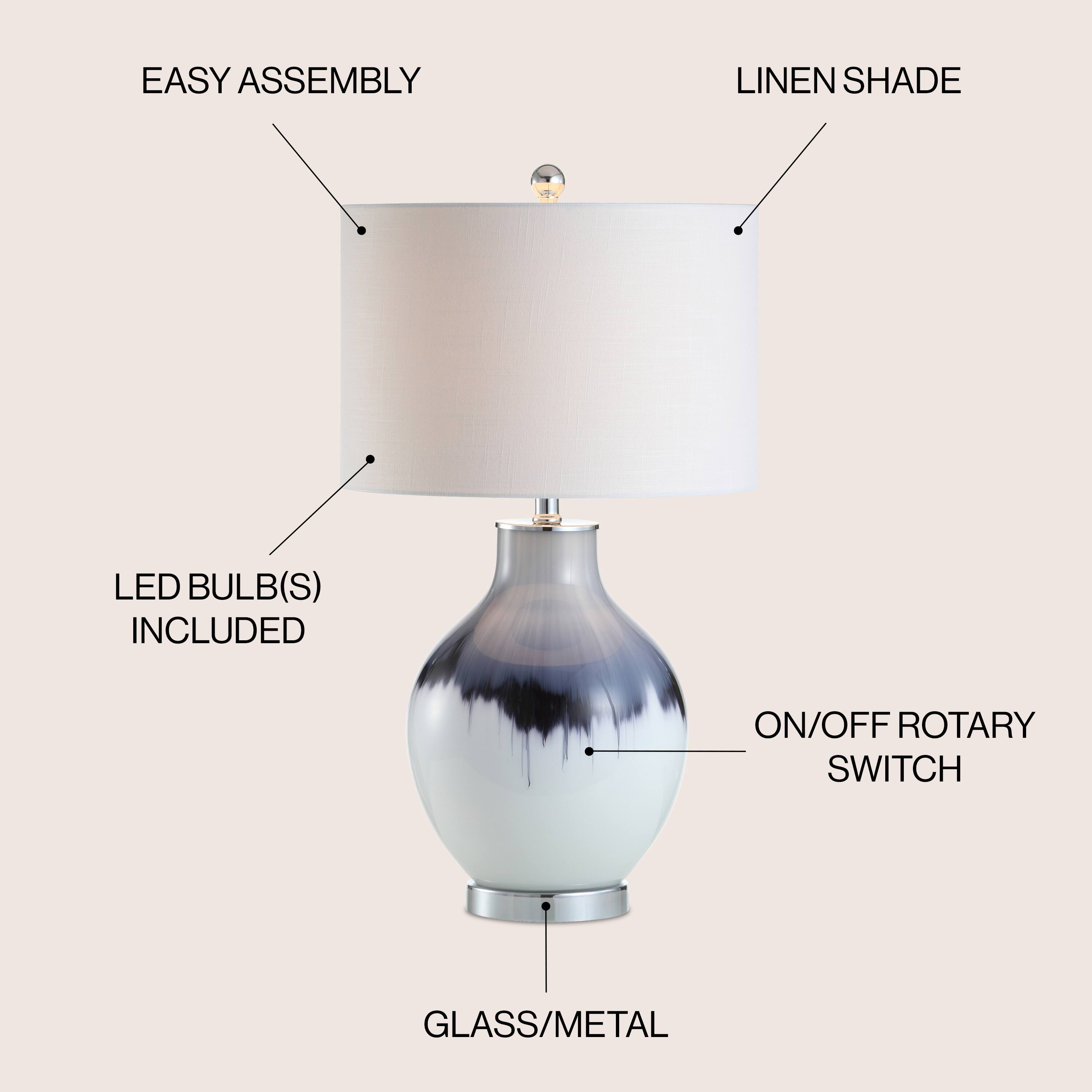 EASY ASSEMBLY  
LINEN SHADE  
LED BULB(S) INCLUDED  
ON/OFF ROTARY SWITCH  
GLASS/METAL