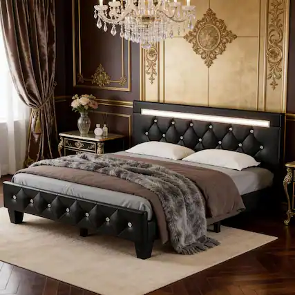 Front. LUCKY ONE - Queen Size Upholstered Bed Frame with LED Light,Charging Station and Adjustable Headboard - Black.