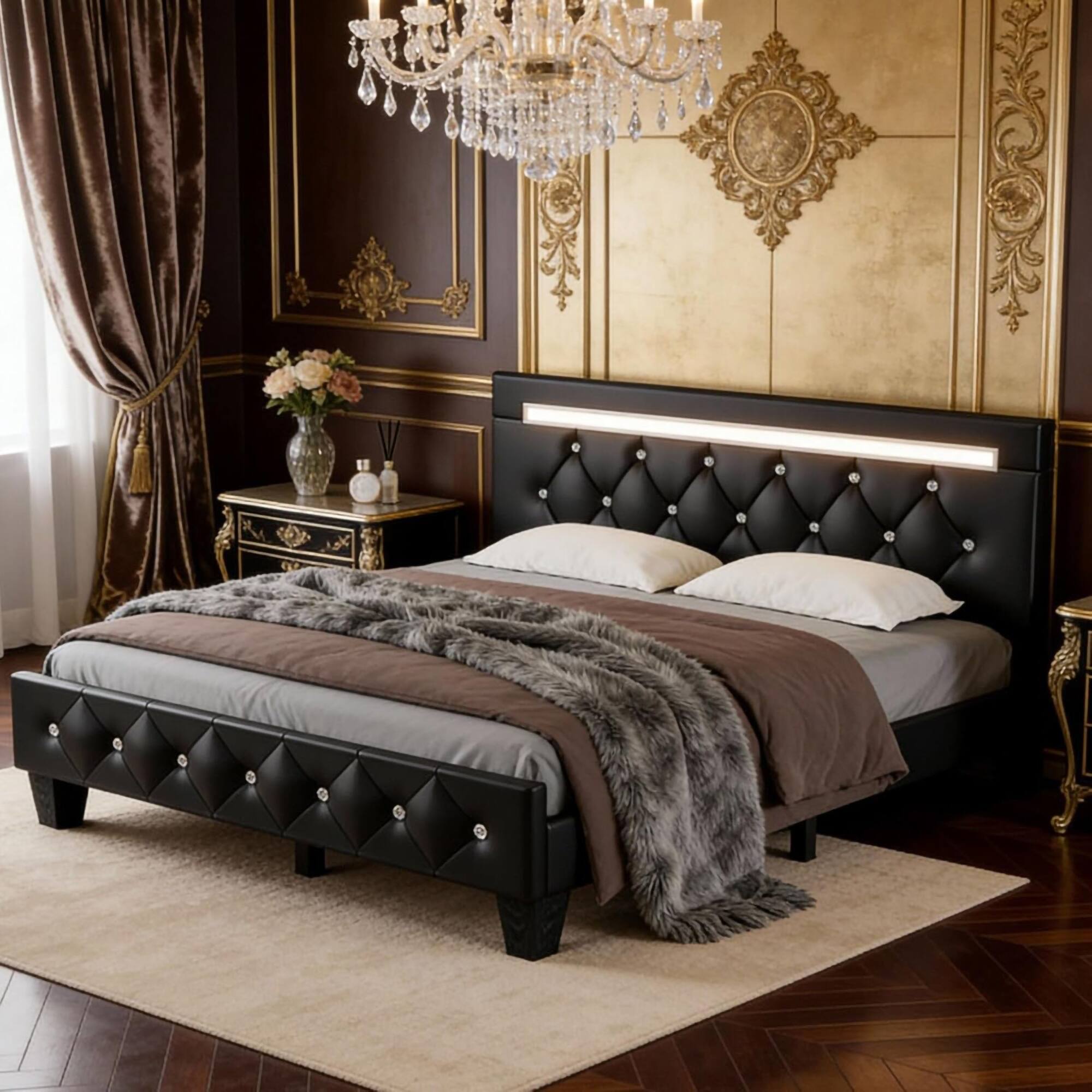 Front. LUCKY ONE - Queen Size Upholstered Bed Frame with LED Light,Charging Station and Adjustable Headboard - Black.