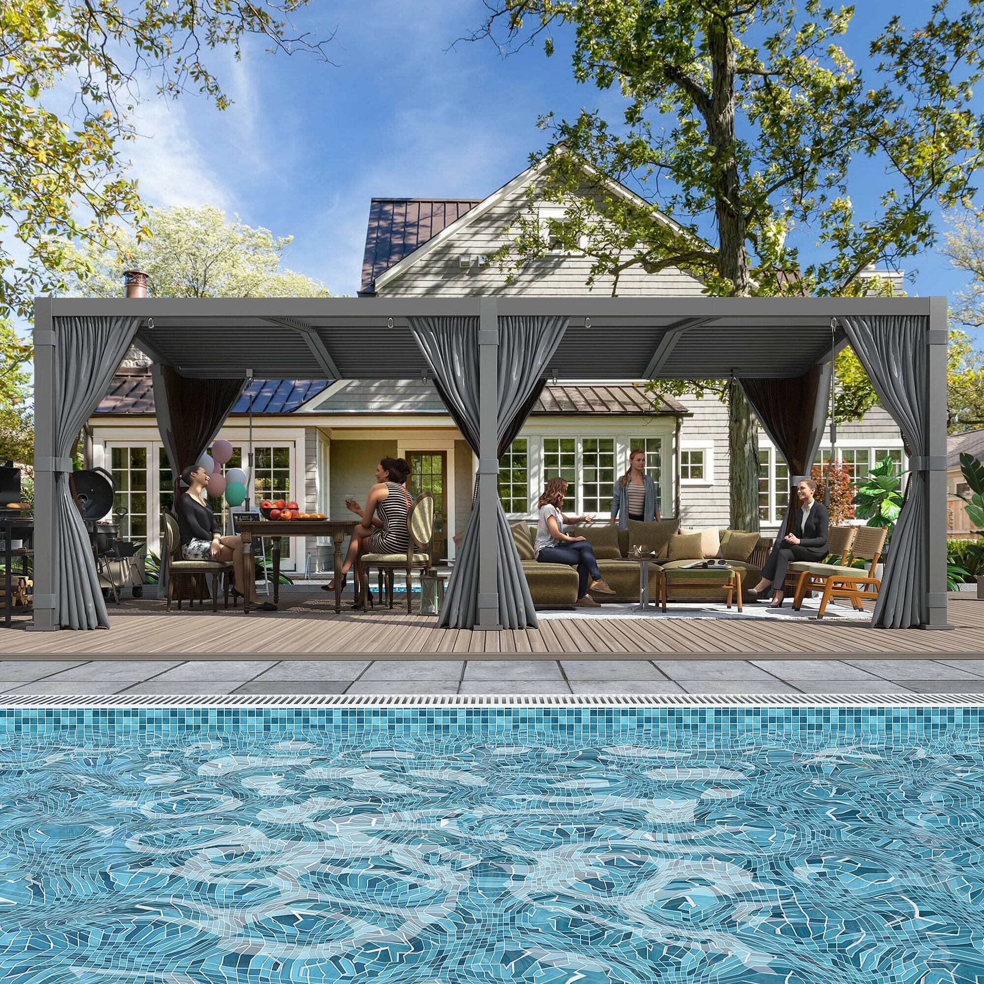 Angle. U-HOMY - 12x20 Aluminum Louvered Pergola with Adjustable Roof, Dark Grey Outdoor Patio Gazebo with Curtains & Nets - Black.