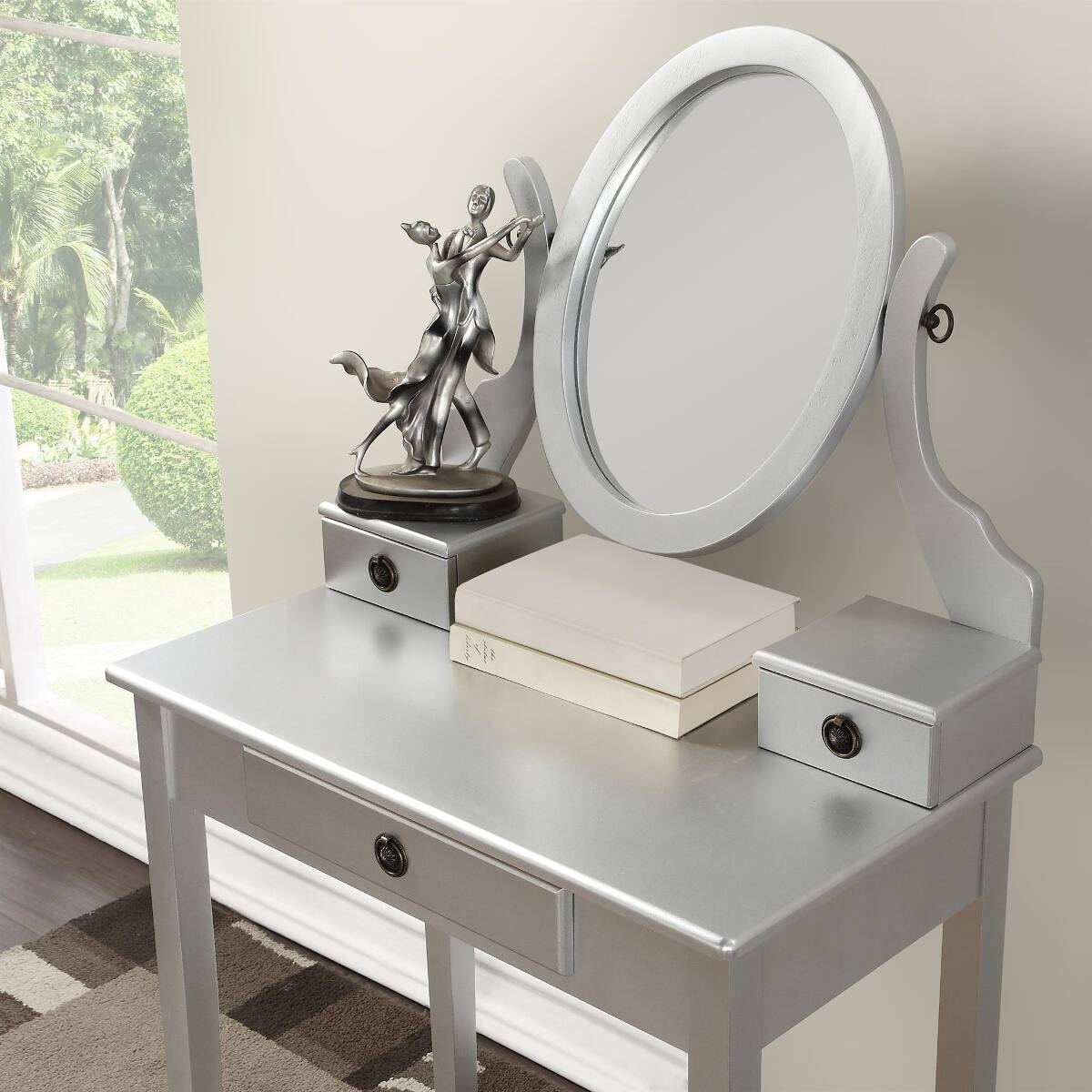 Angle. Loheer - Loheer Silver Makeup Vanity Table and Stool Set with Adjustable Oval Mirror - Silver.