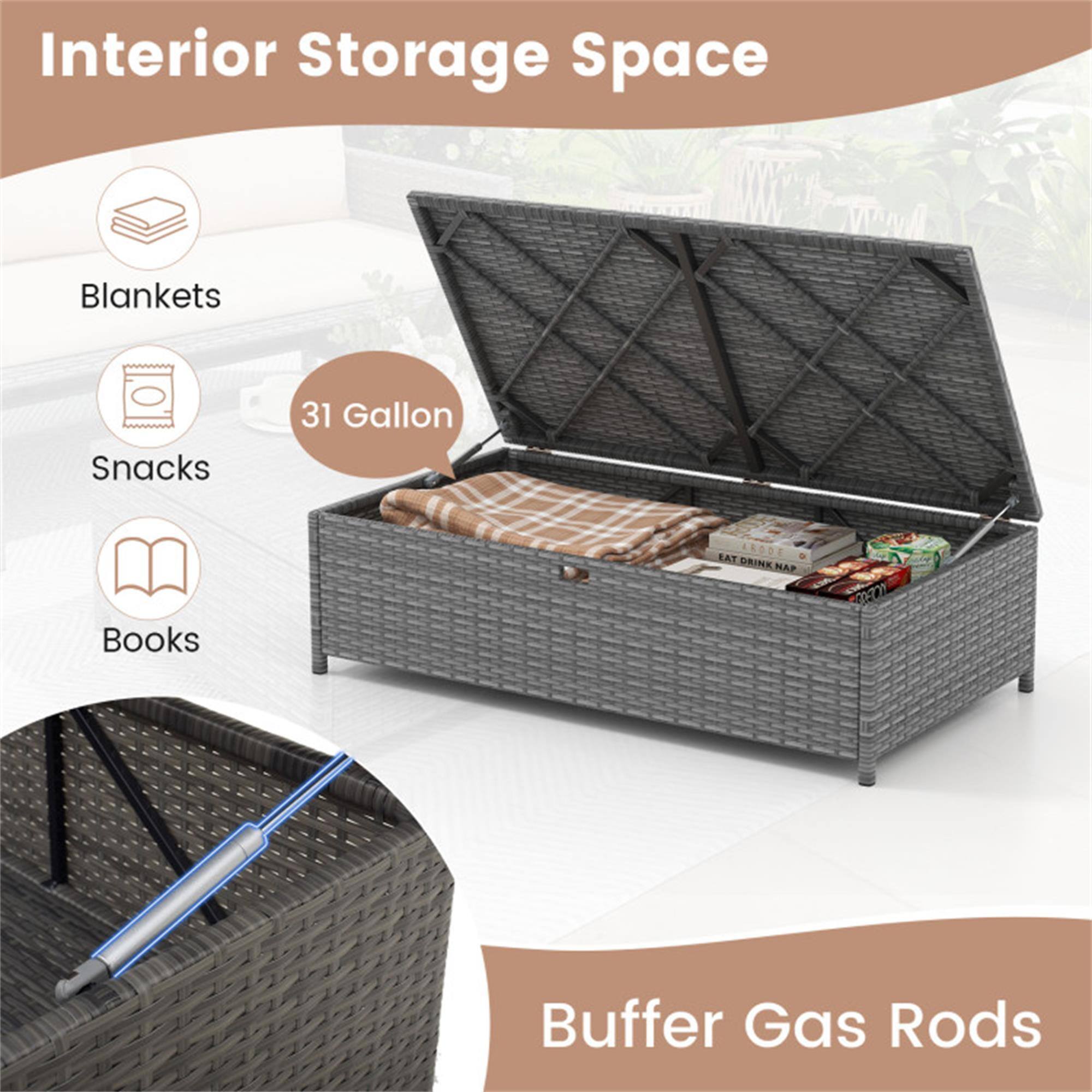 Interior Storage Space

- Blankets
- Snacks
- Books

31 Gallon

Buffer Gas Rods