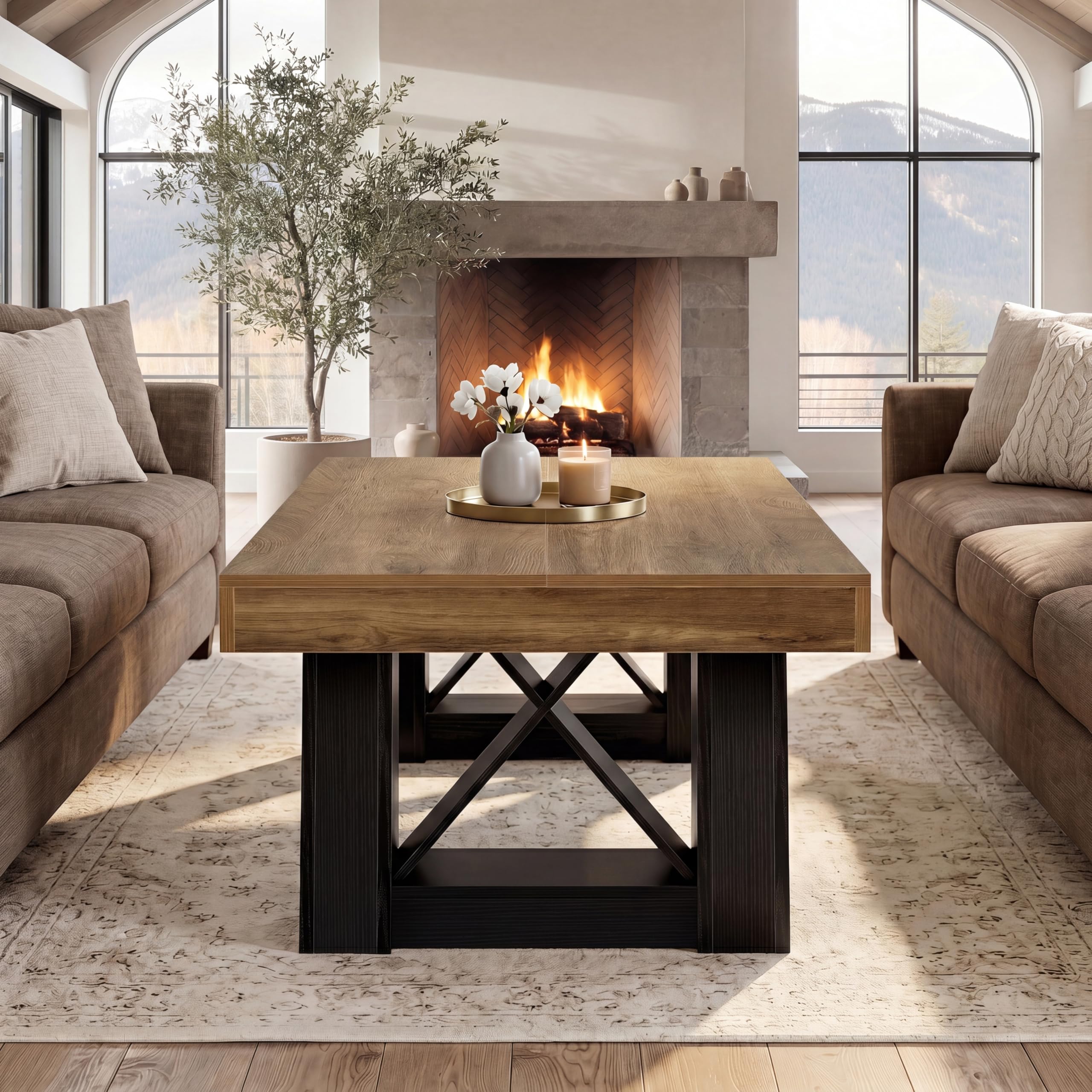 Alt View 4. Tribesigns - 55" Extra Large Rectangle Coffee Table for Living Room - Rustic Brown & Black.