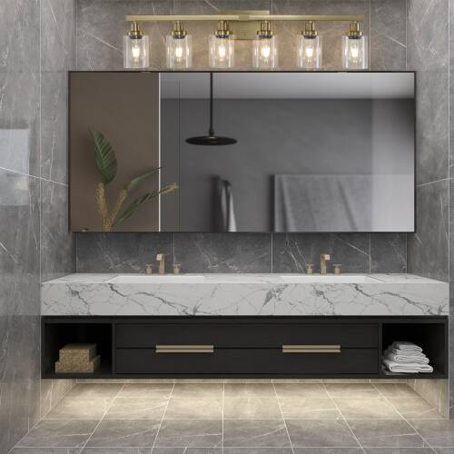 Back. LUCKY ONE - 37in Wall Mount Vanity Light, 6-Light Gold Iron Sconce with Clear Glass Shades for Bathroom - Gold.