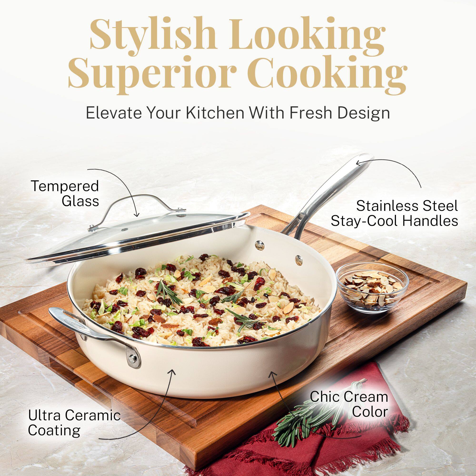 Stylish Looking Superior Cooking, Elevate Your Kitchen With Fresh Design, Tempered Glass, Stainless Steel Stay-Cool Handles, Ultra Ceramic Coating, Chic Cream Color