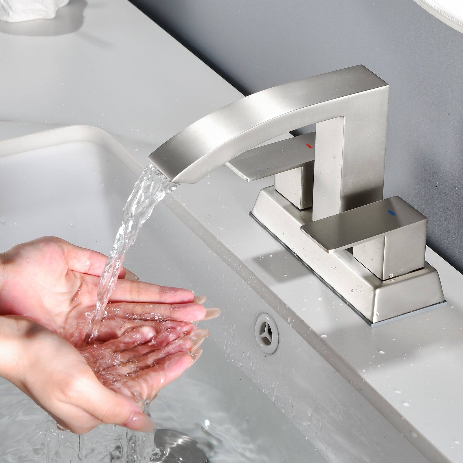 Alt View 3. Boyel Living - Brushed 4 Inch Centerset Faucet SUS304 Waterfall Spout 1.2GPM Dual Handle Pop Up Drain - Brushed Nickel.