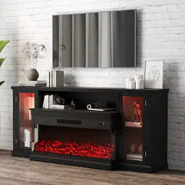Essen Blissed - 72.8 in. TV Cabinet with Glass Electric Fireplace Adjustable LED Light Colors Media Console for TVs up to 80 in - Black