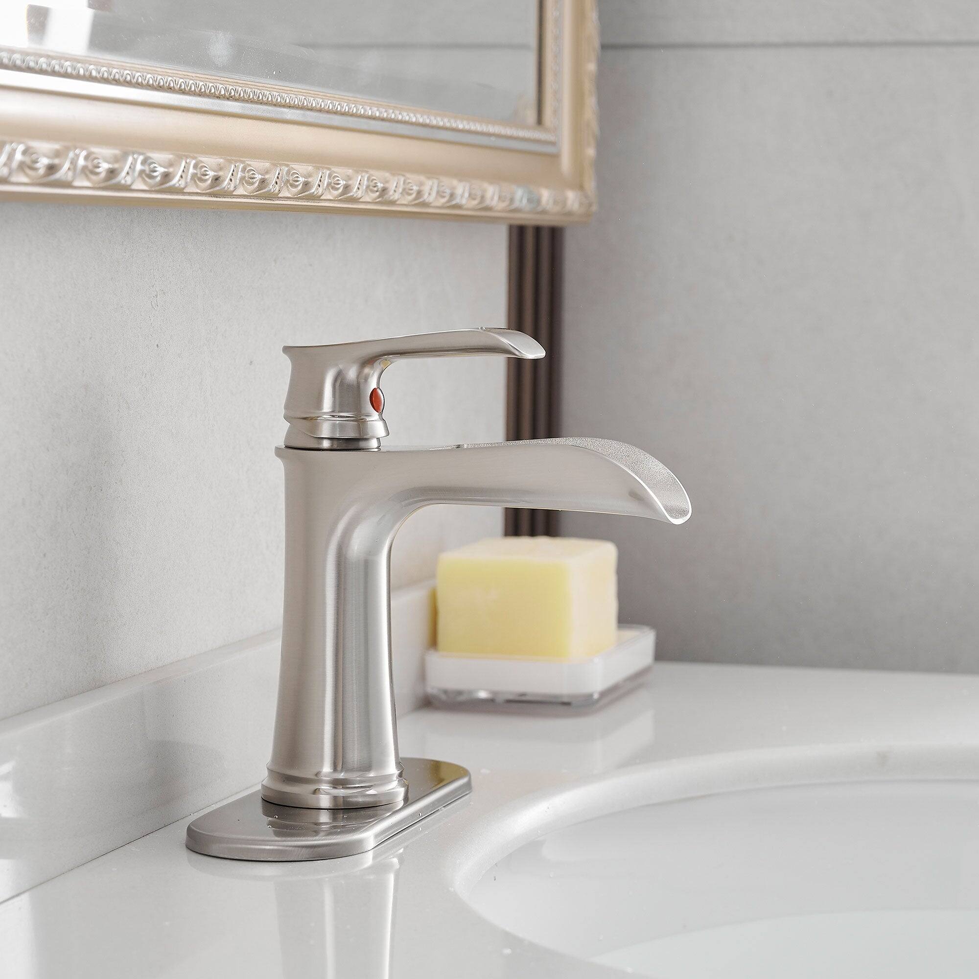 Back. Boyel Living - Single Handle Single Hole Bathroom Faucet Brushed Nickel with Deck Plate Pop Up Drain and Water Supply Hoses - Brushed Nickel.