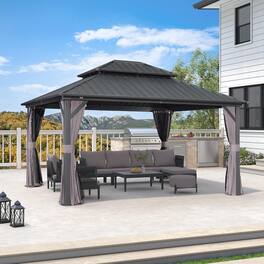 PURPLE LEAF - 12 X 14 FT Outdoor Aluminum Hardtop Gazebo with Galvanized Steel Double Roof for Patio Deck with Netting and Curtains - 12' X 14'