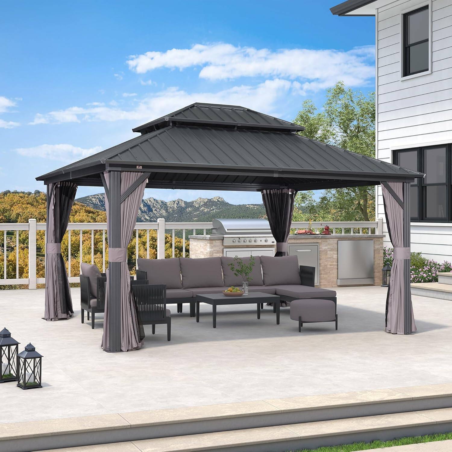Front. PURPLE LEAF - 12 X 14 FT Outdoor Aluminum Hardtop Gazebo with Galvanized Steel Double Roof for Patio Deck with Netting and Curtains - 12' X 14'.