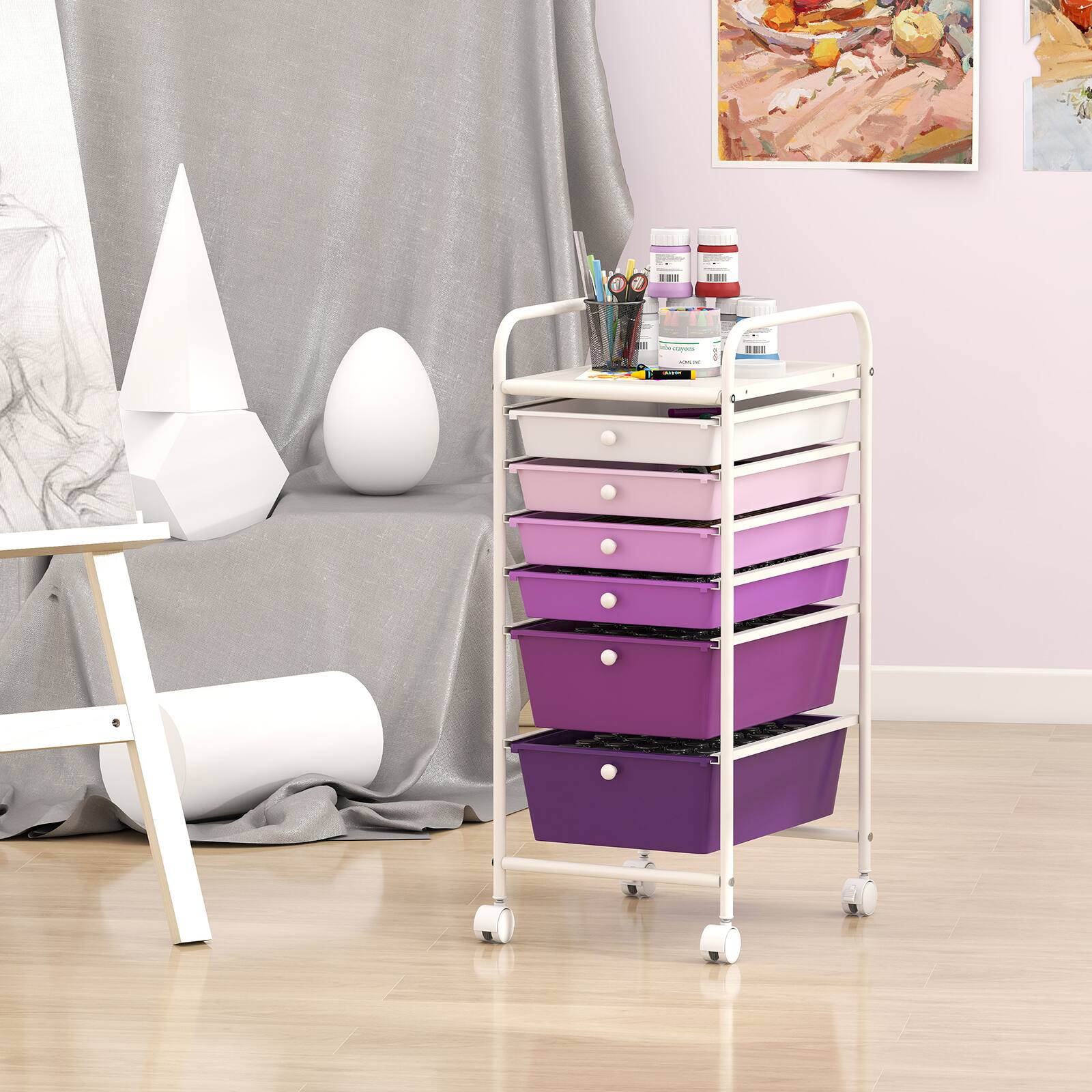Alt View 4. Costway - Costway 6-Drawer Rolling Art & Craft Storage Cart with Removable Drawers & Metal Frame, Lockable Wheels - Gradient Purple.