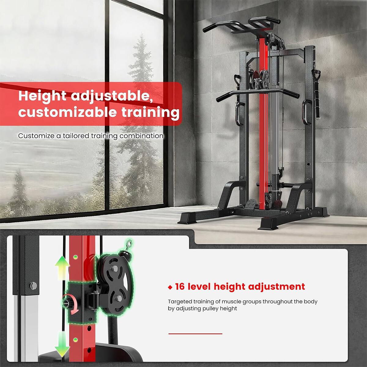 Height adjustable, customizable training

Customize a tailored training combination

16 level height adjustment
Targeted training of muscle groups throughout the body by adjusting pulley height