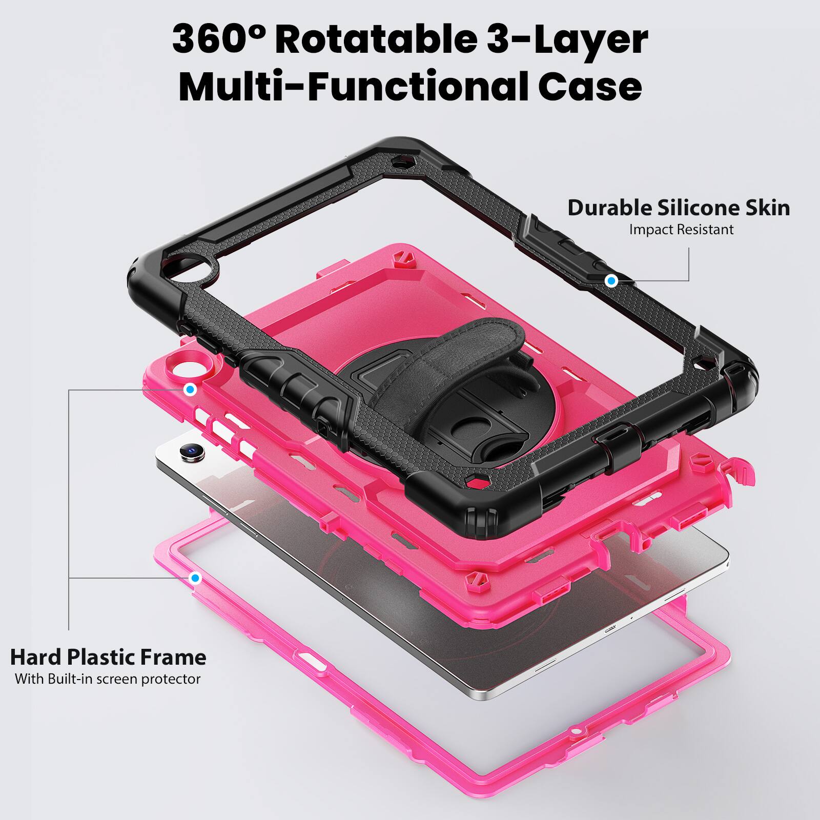 360° Rotatable 3-Layer Multi-Functional Case

Durable Silicone Skin
Impact Resistant

Hard Plastic Frame
With Built-in screen protector