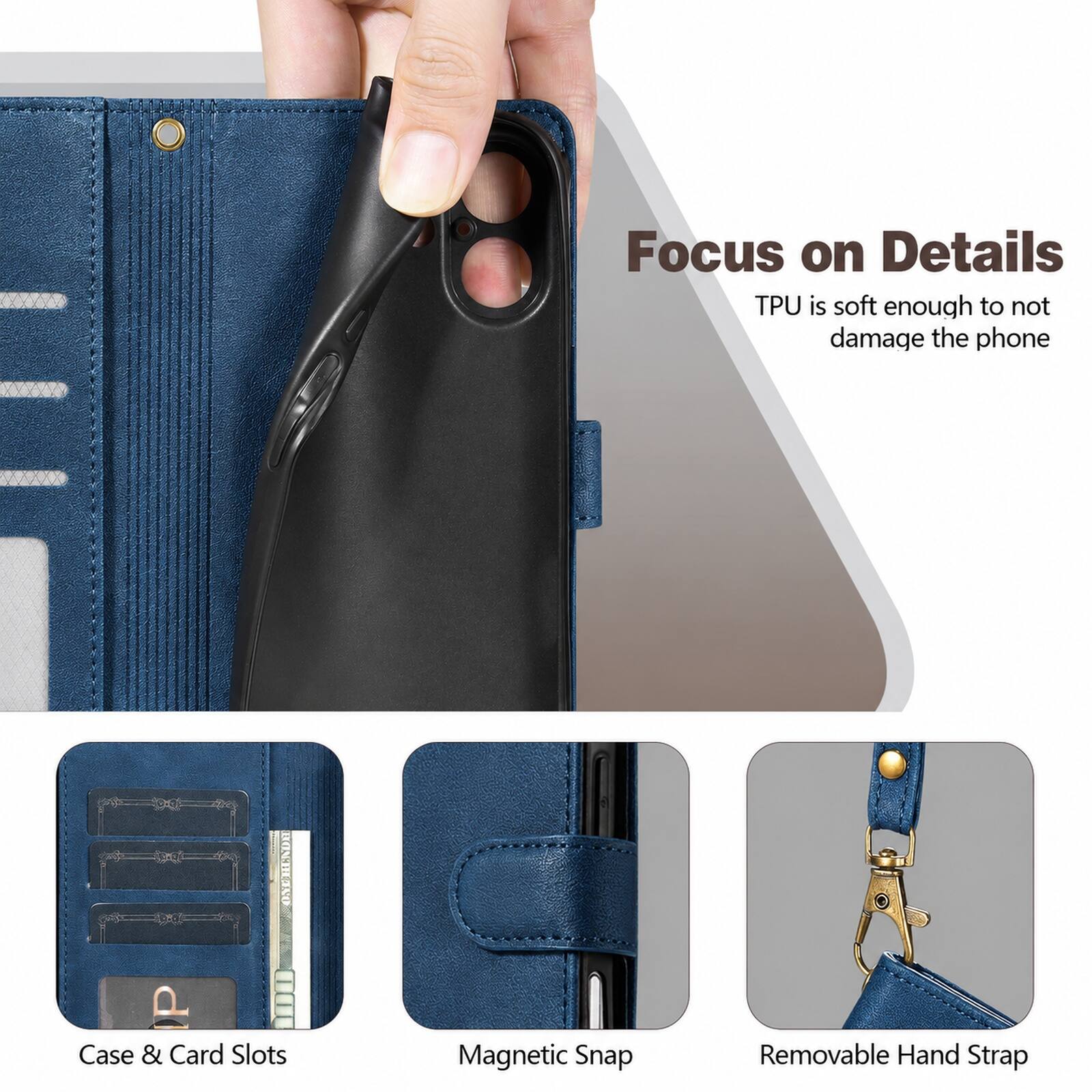 Focus on Details  
TPU is soft enough to not damage the phone

Case & Card Slots  
Magnetic Snap  
Removable Hand Strap
