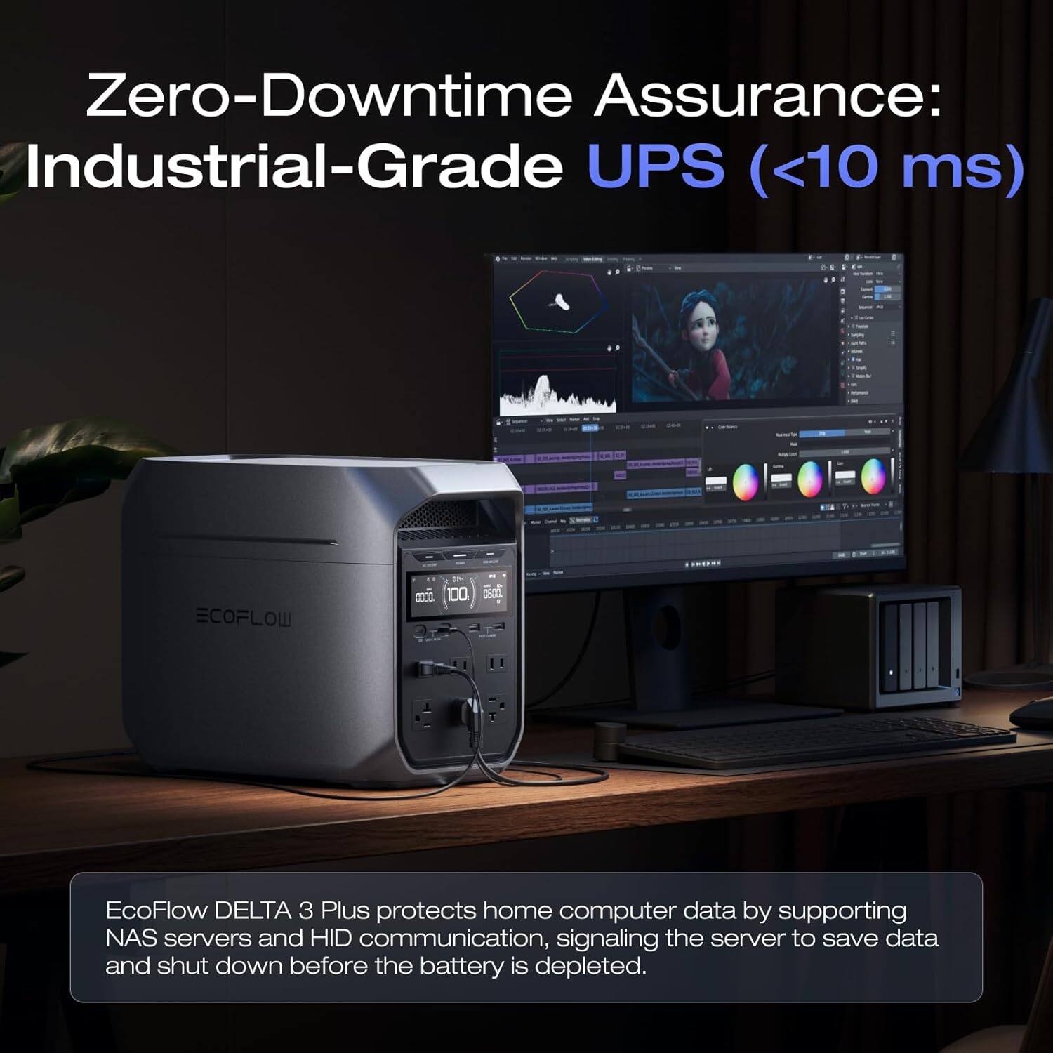 Zero-Downtime Assurance: Industrial-Grade UPS (<10 ms)

EcoFlow DELTA 3 Plus protects home computer data by supporting NAS servers and HID communication, signaling the server to save data and shut down before the battery is depleted.
