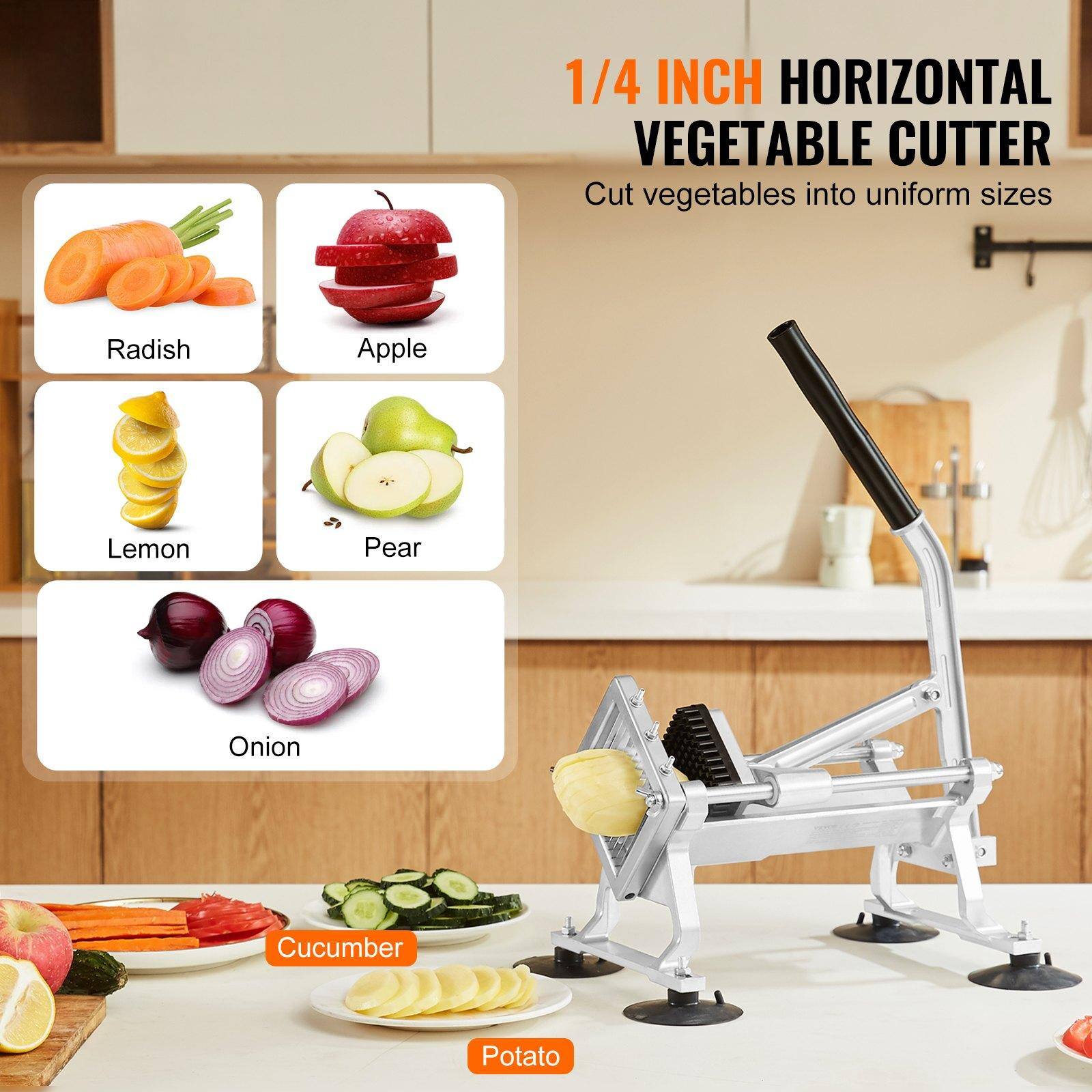1/4 INCH HORIZONTAL VEGETABLE CUTTER  
Cut vegetables into uniform sizes  

- Radish  
- Apple  
- Lemon  
- Pear  
- Onion  
- Cucumber  
- Potato