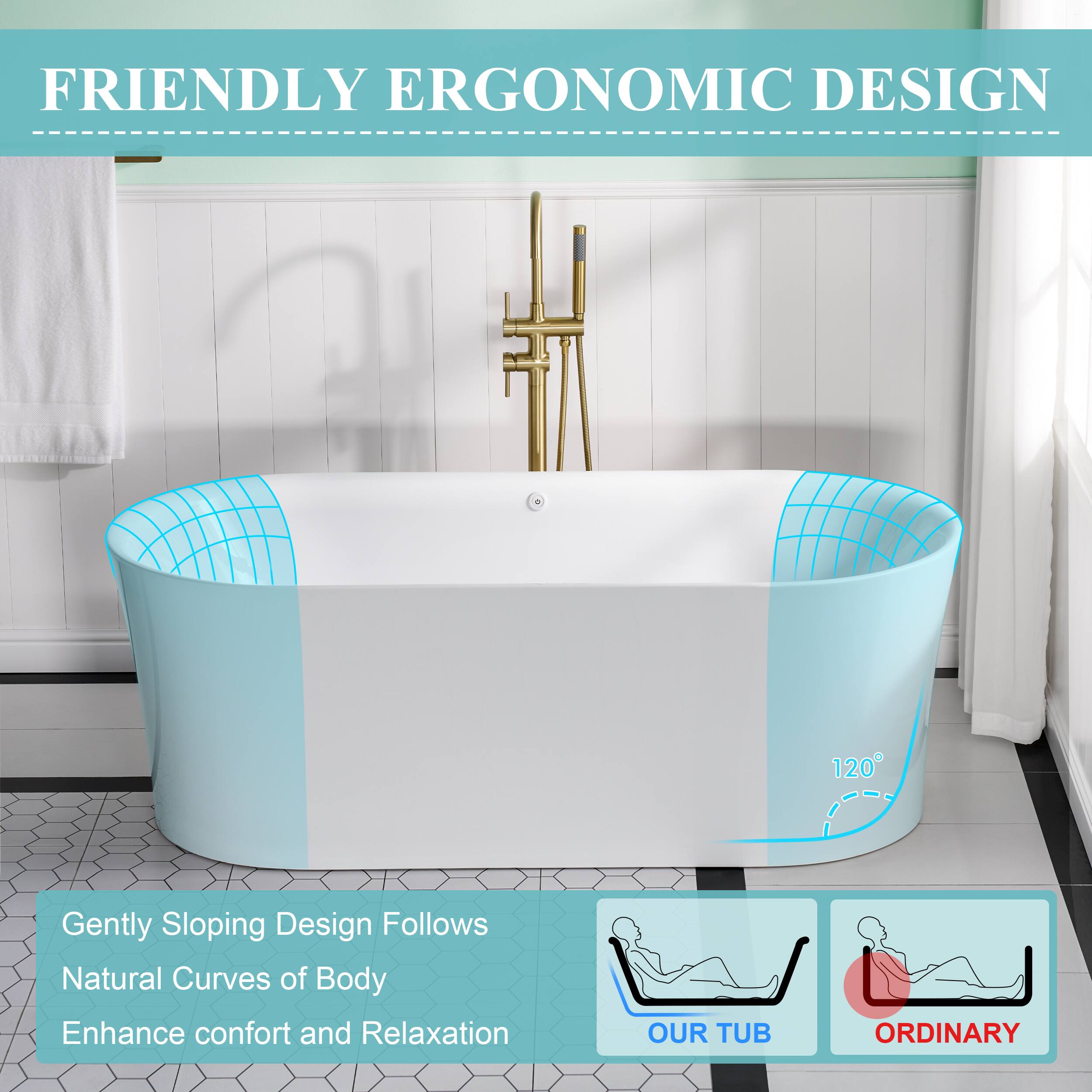 FRIENDLY ERGONOMIC DESIGN

Gently Sloping Design Follows Natural Curves of Body
Enhance comfort and Relaxation

OUR TUB ORDINARY