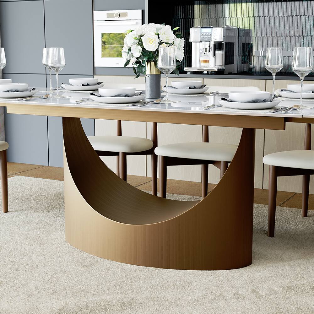 Alt View 2. POVISON - 71"-95"Extendable Modern White Dining Table for 6-10,Rectangular Glossy Sintered Stone Tabletop,Bronze Carbon Steel Leg - Glossy White Sintered Stone with Bronze.