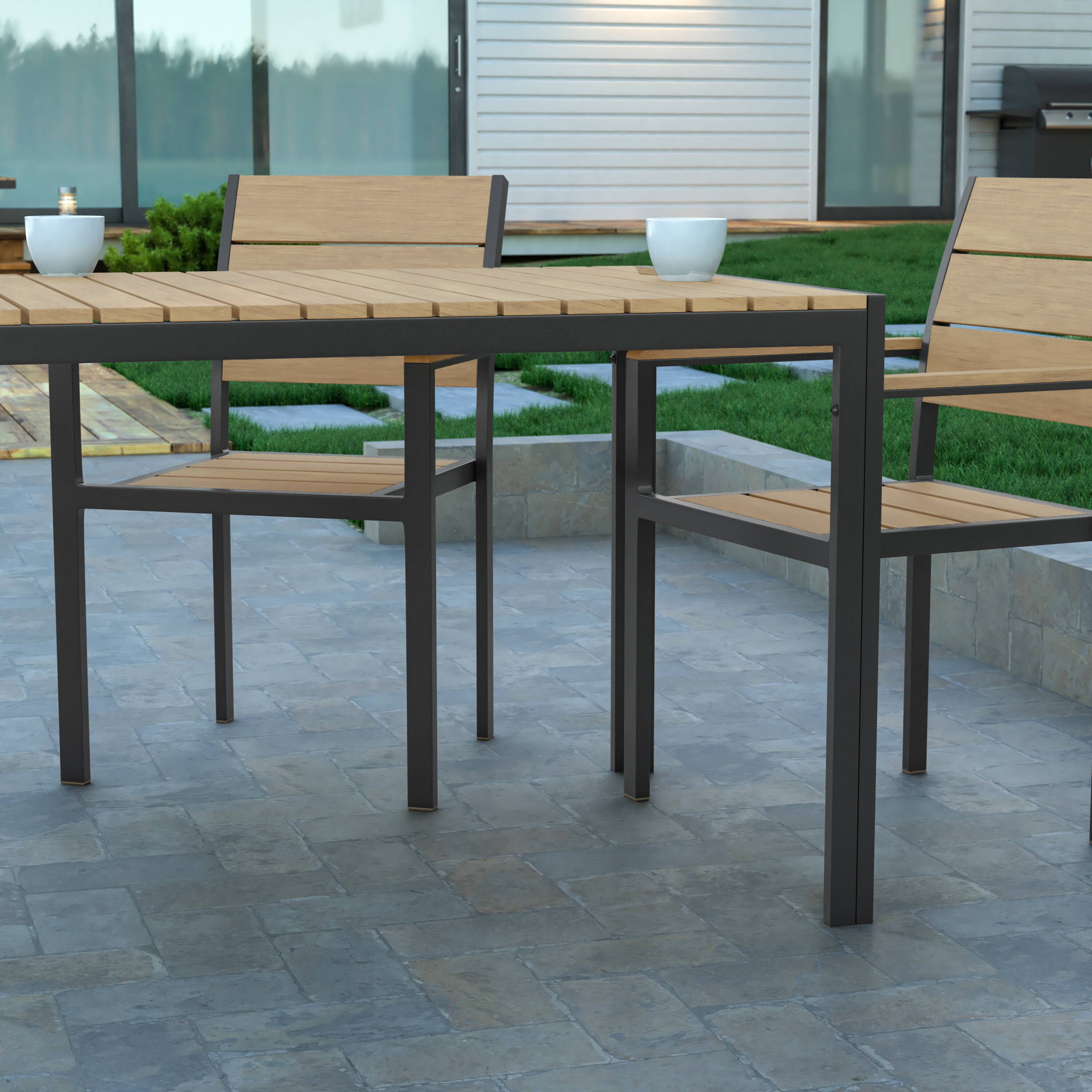 Alt View 4. Emma + Oliver - Fena 55" x 31" Outdoor Dining Table with Faux Teak Poly Slat Top and Metal Frame - Natural Top/Gray Frame.