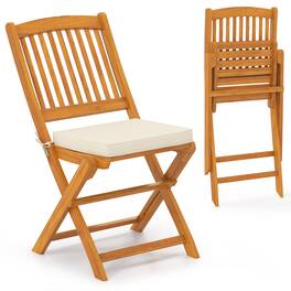 Costway - Outdoor Folding Chairs Set of 2 Acacia Wood High-Back Chair with Seat Cushions - Beige