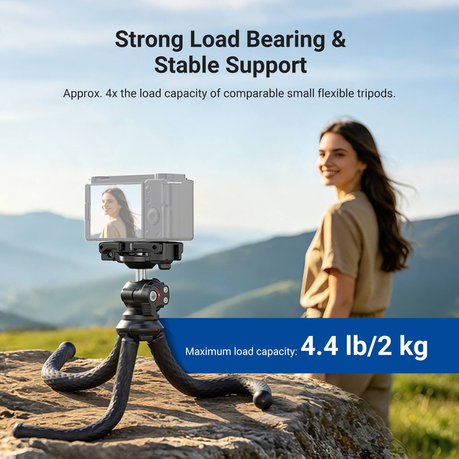 Strong Load Bearing & Stable Support  
Approx. 4x the load capacity of comparable small flexible tripods.  
Maximum load capacity: 4.4 lb/2 kg