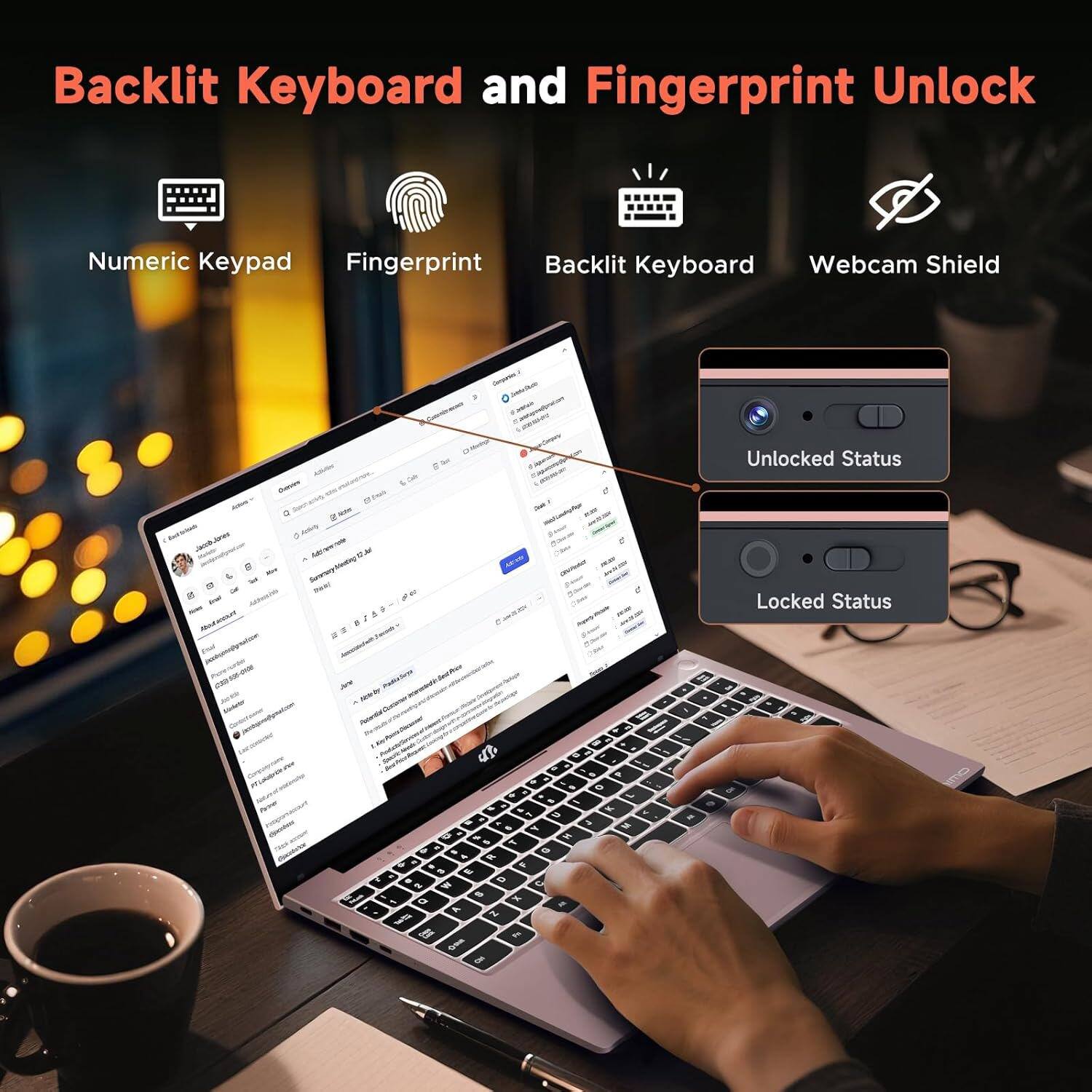 Backlit Keyboard and Fingerprint Unlock

- Numeric Keypad
- Fingerprint
- Backlit Keyboard
- Webcam Shield

Unlocked Status
Locked Status
