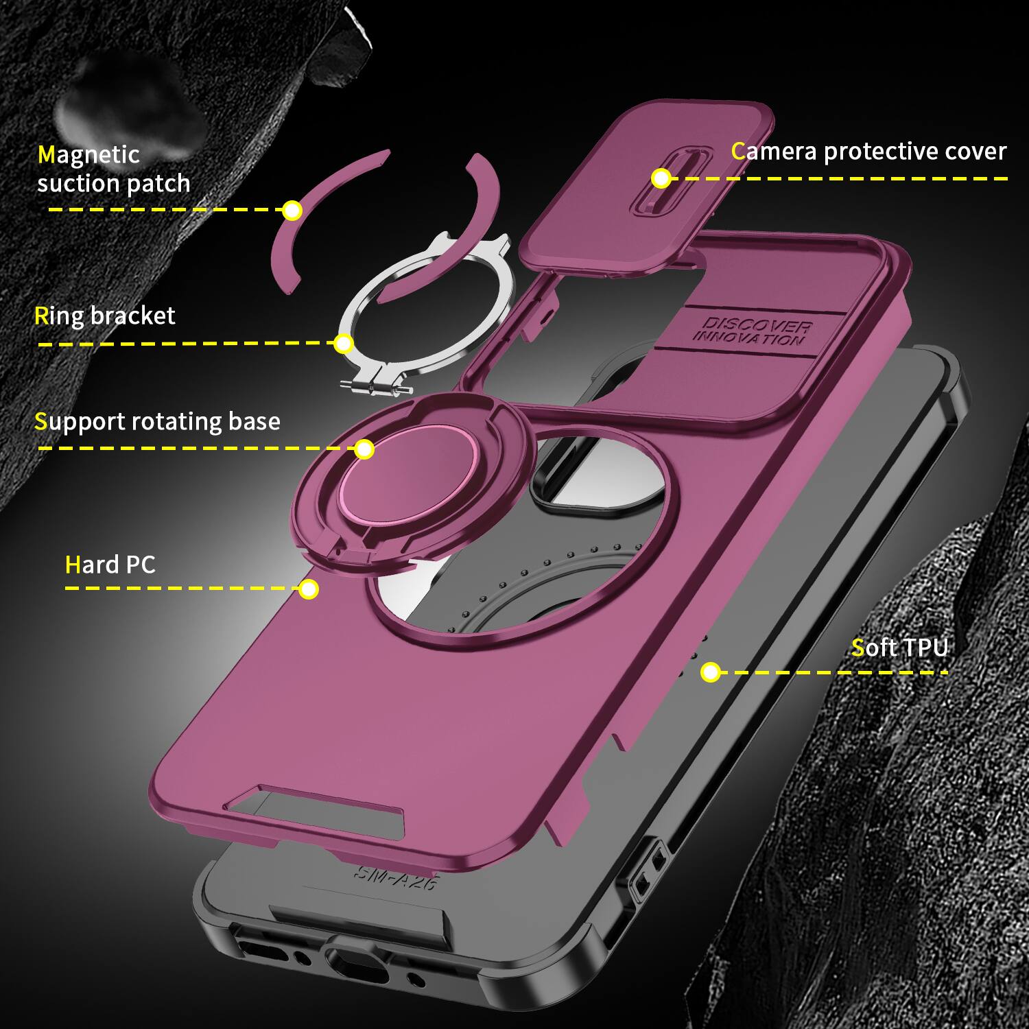 Magnetic suction patch  
Camera protective cover  
Ring bracket  
DISCOVER INNOVATION  
Support rotating base  
Hard PC  
Soft TPU  
SM-A26