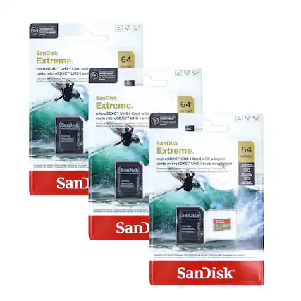 SanDisk Extreme
microSDXC™ UHS-I Card with adapter
carte microSDXC™ UHS-I avec adaptateur
64 GB/Go
Extreme performance with SanDisk® QuickFlow™ Technology
Performances extrêmes avec technologie SanDisk® QuickFlow™
Compatible with SanDisk® Professional PRO-READER SD™ and microSD™
Compatible avec lecteur SanDisk® Professional PRO-READER SD™ et microSD™
SanDisk