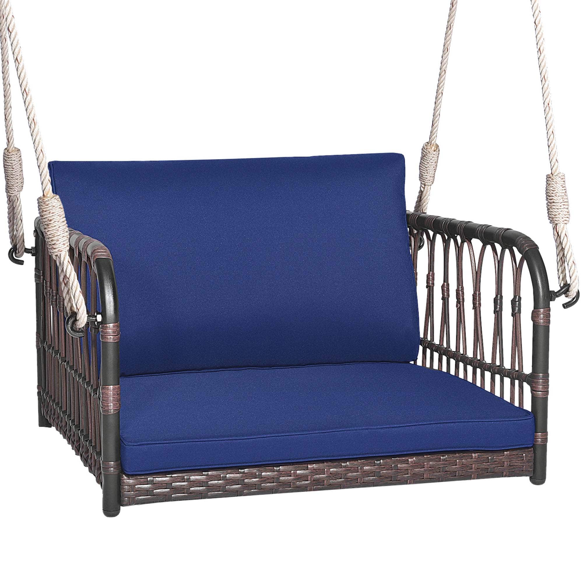 Costway - Porch Swing Chair Rattan Woven Hanging Bench Seat with Cushions Hooks Balcony - Mix Brown,Navy price history on PriceWatchPro