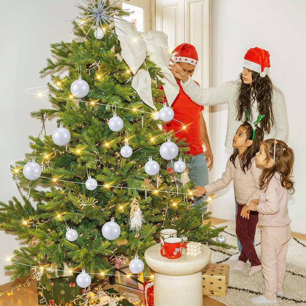 Front. Schertz - White Shatterproof Ornaments Set w/ Silver Star Topper & LED String Lights - white, silver.