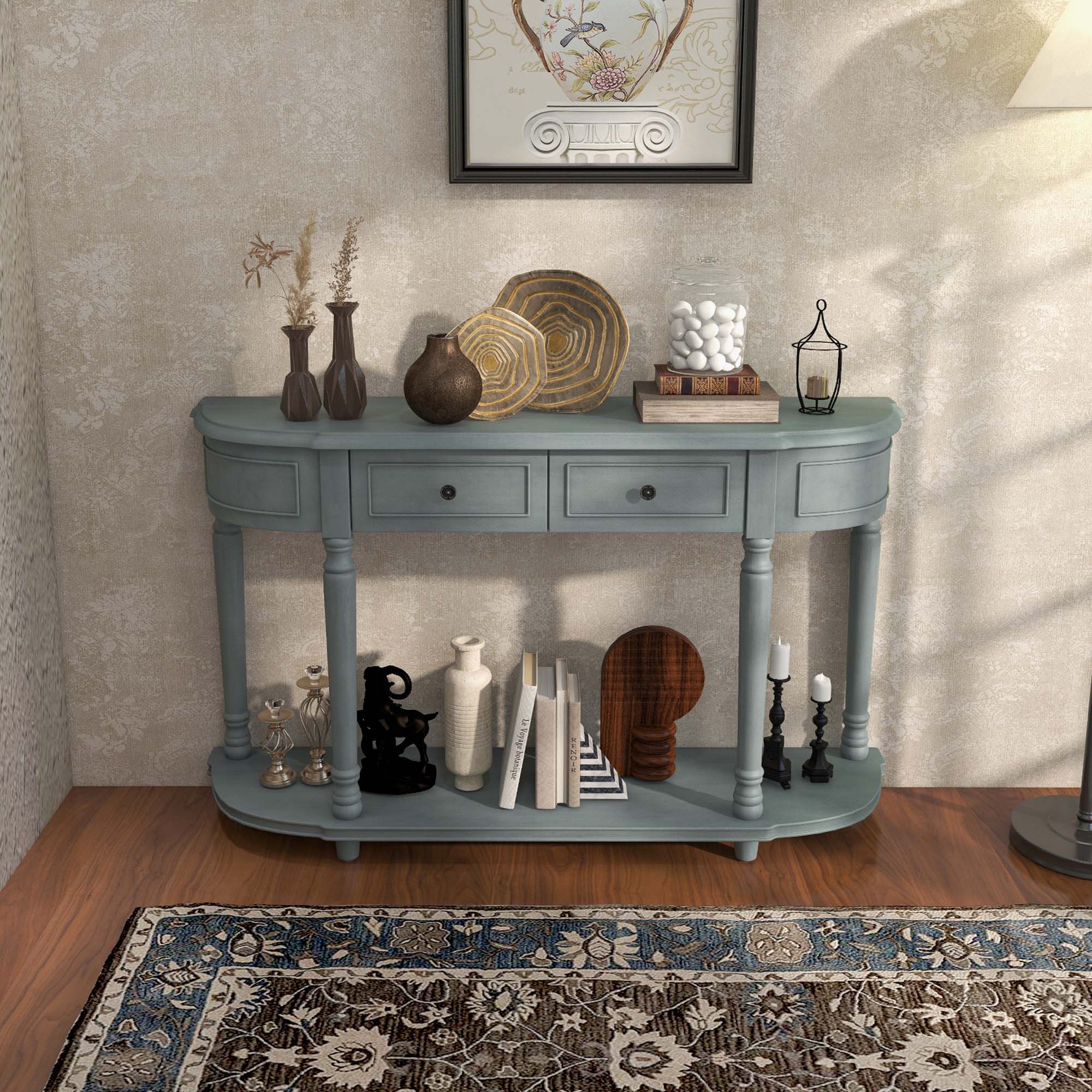 Alt View 3. Costway - Costway 52" Long Sofa Table with 2 Drawers & Open Shelf Retro Console Table with Storage - Blue.