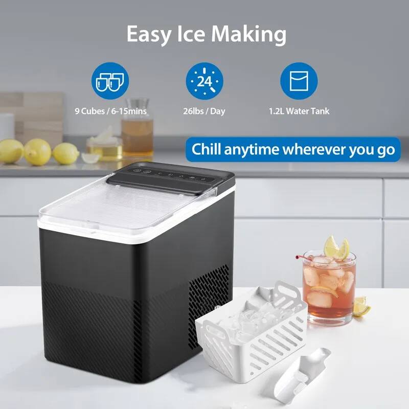 Easy Ice Making  
9 Cubes / 6-15mins  
26lbs / Day  
1.2L Water Tank  
Chill anytime wherever you go