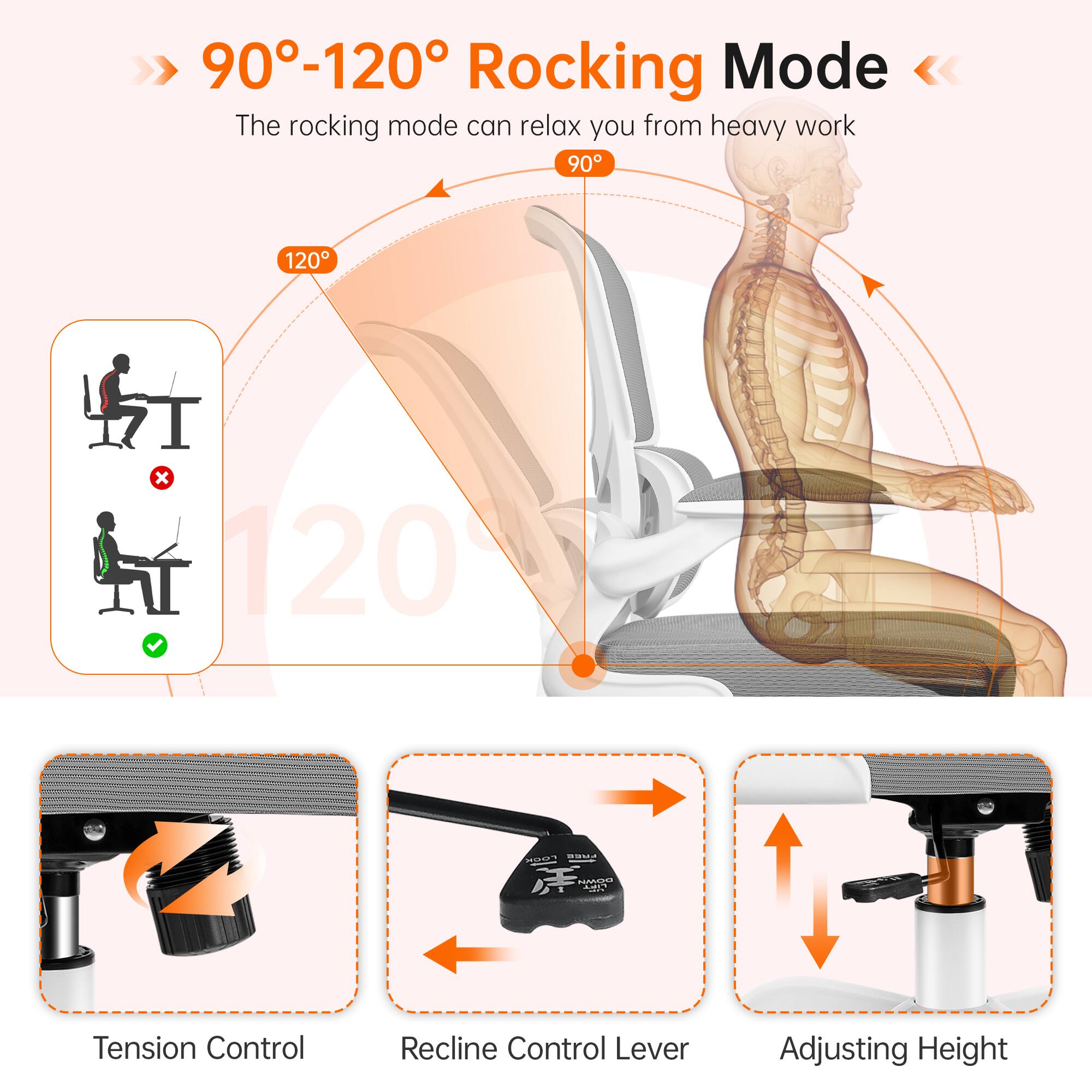 90°-120° Rocking Mode  
The rocking mode can relax you from heavy work

Tension Control  
Recline Control Lever  
Adjusting Height