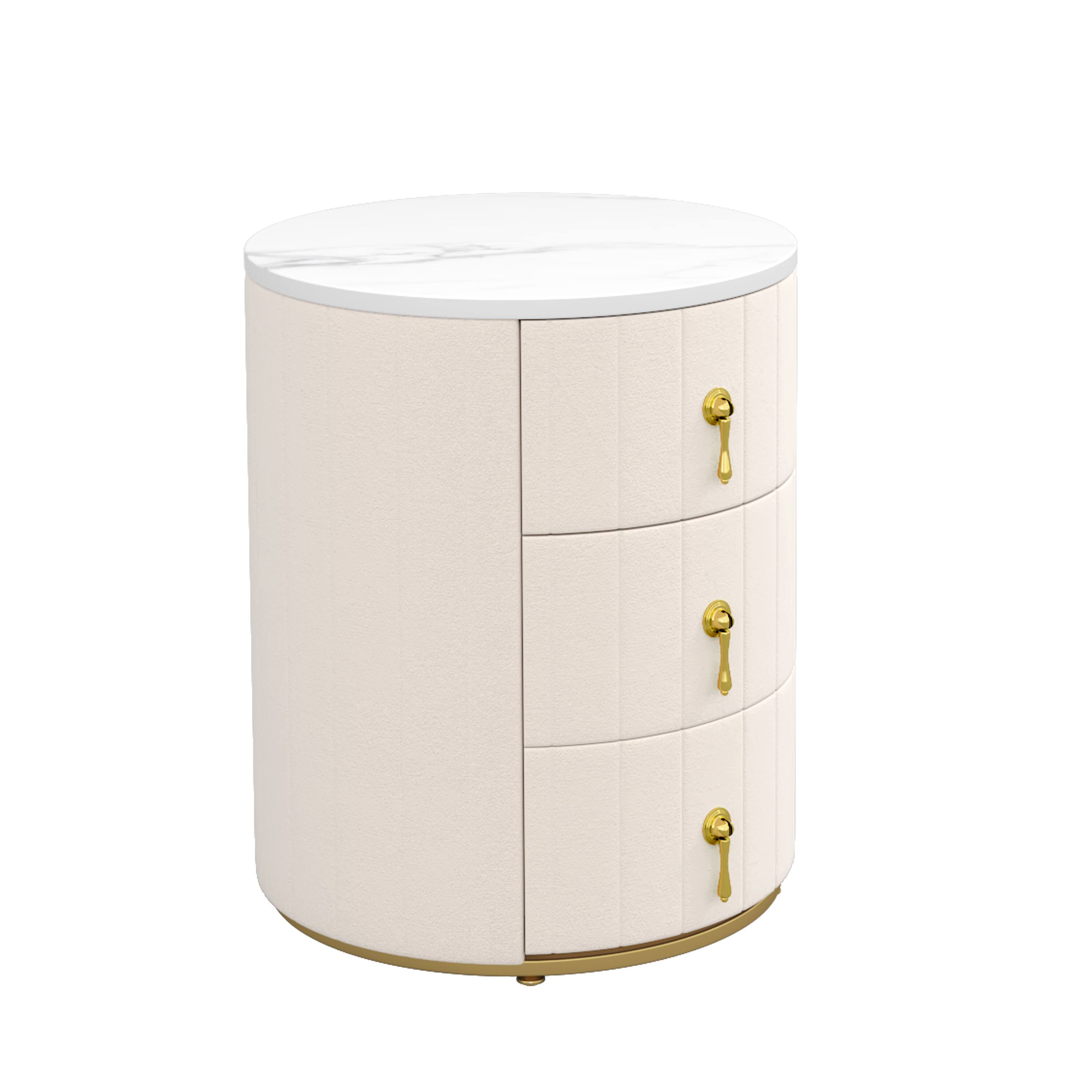 Spaco - Upholstered Round Nightstand with 3 Drawers and Metal Handles, Marbling Sticker Top for Bedroom - Beige