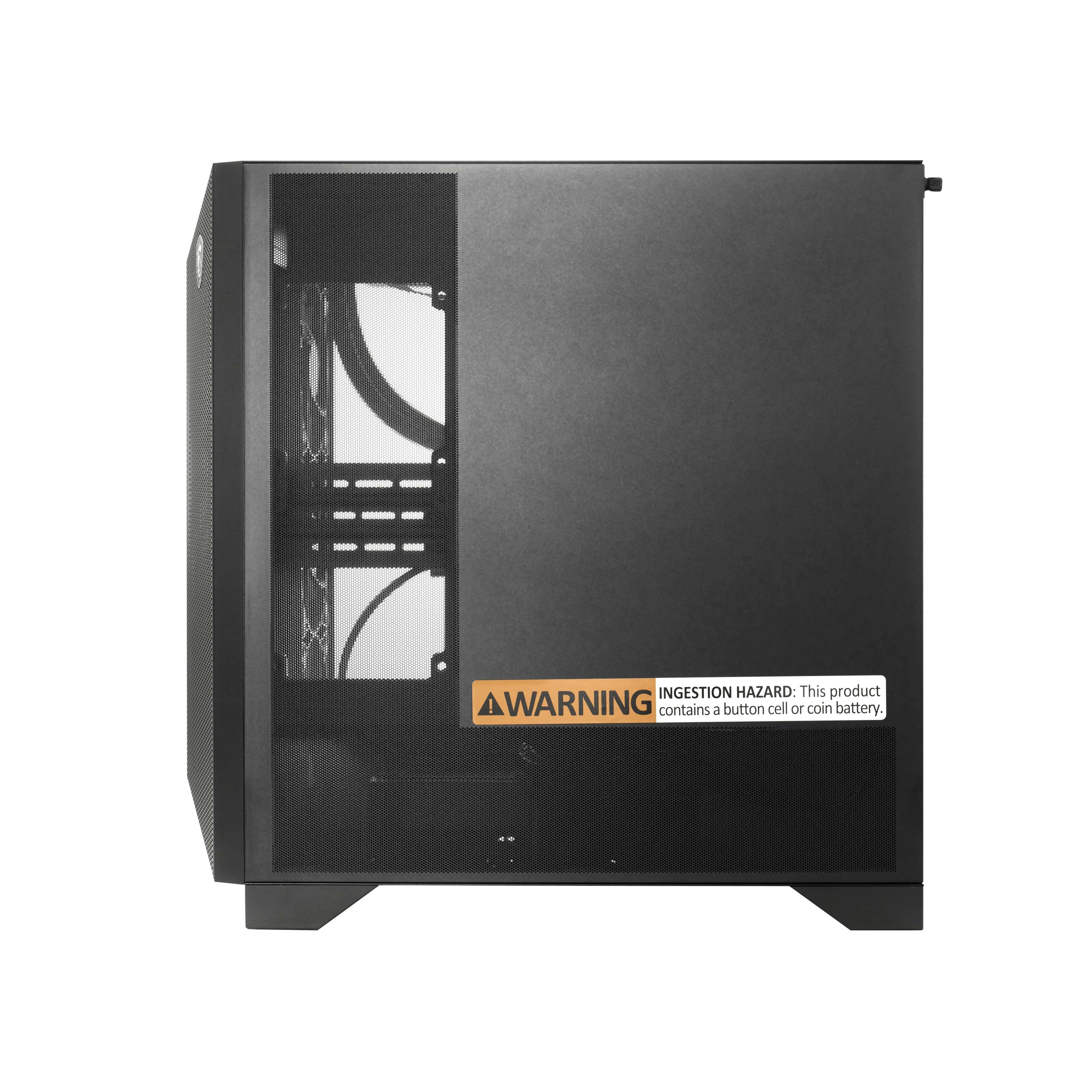 The image shows a black box with a warning label on it. The warning label states that the product contains a button cell or coin battery, which can pose an ingestion hazard. This indicates that the box should be kept out of reach of children and pets to prevent accidental ingestion of the battery.