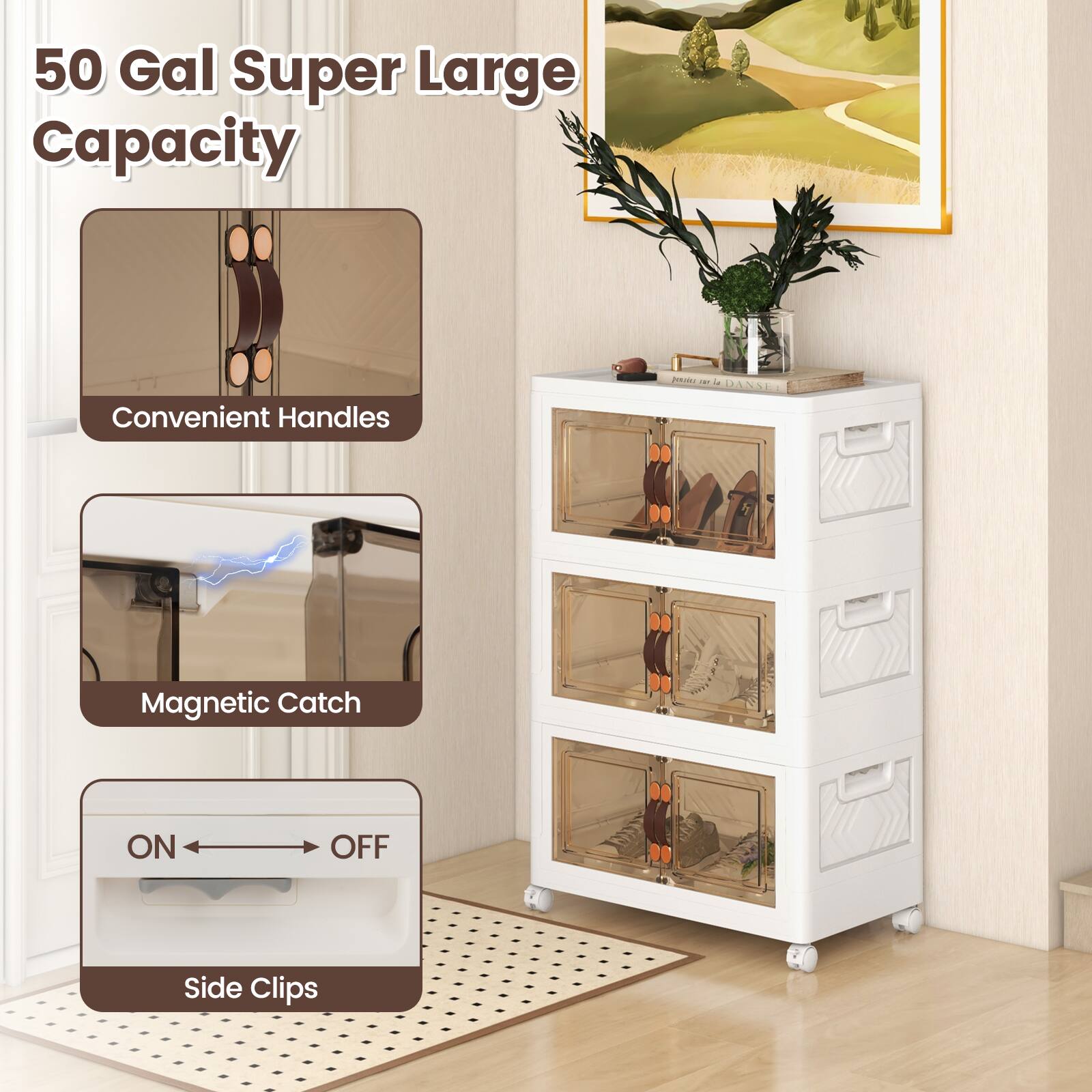 50 Gal Super Large Capacity  
Convenient Handles  
Magnetic Catch  
ON  
OFF  
Side Clips