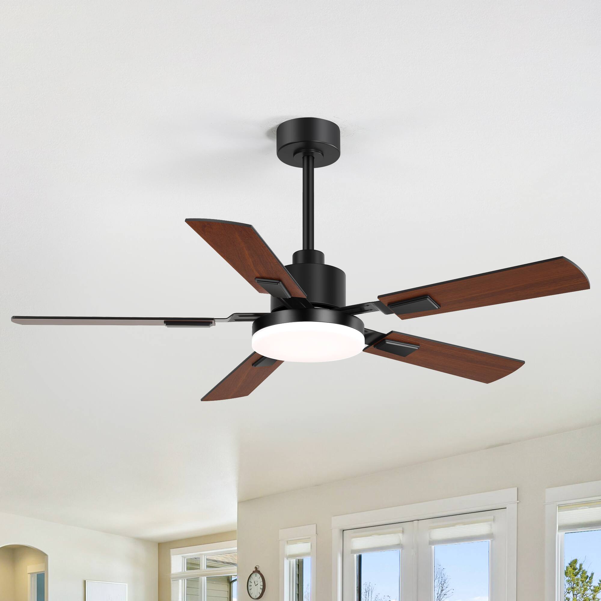 Alt View 1. Breezary - 52-in Indoor Ceiling Fan with Light, DC Motor, 6-Speed Remote, 3-Color LED, Reversible Blades, 5"/10" Downrods - Black and Wood Finish.