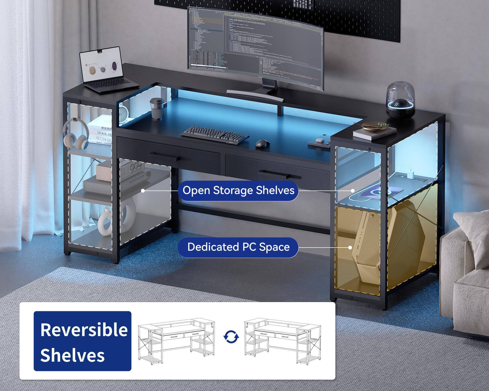 - Open Storage Shelves
- Dedicated PC Space
- Reversible Shelves