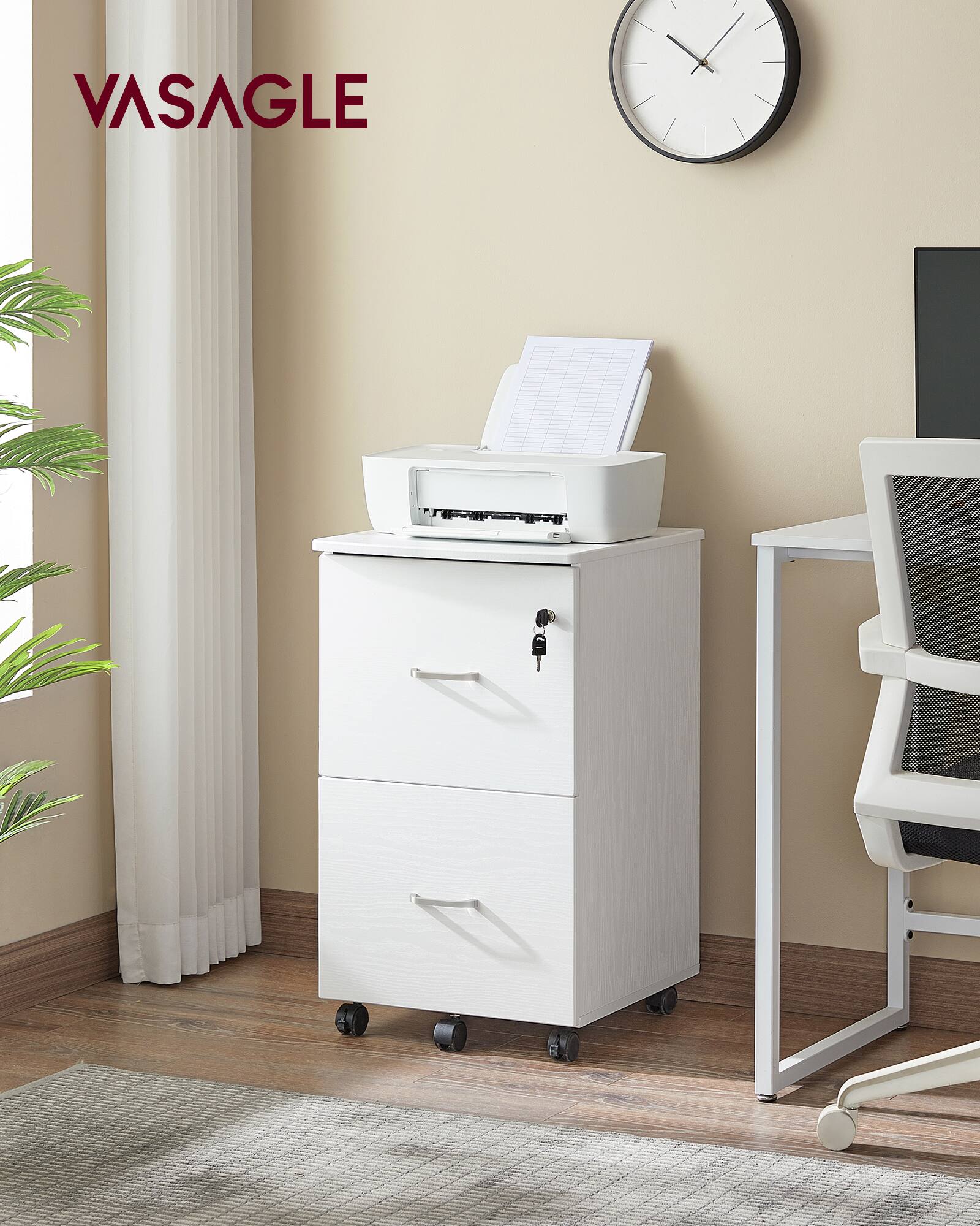 Angle. Songmics Home - 2-Drawer File Cabinet, Locking, Small Rolling File Cabinet, Printer Stand, A4, Letter-Size Hanging File Folders - White.
