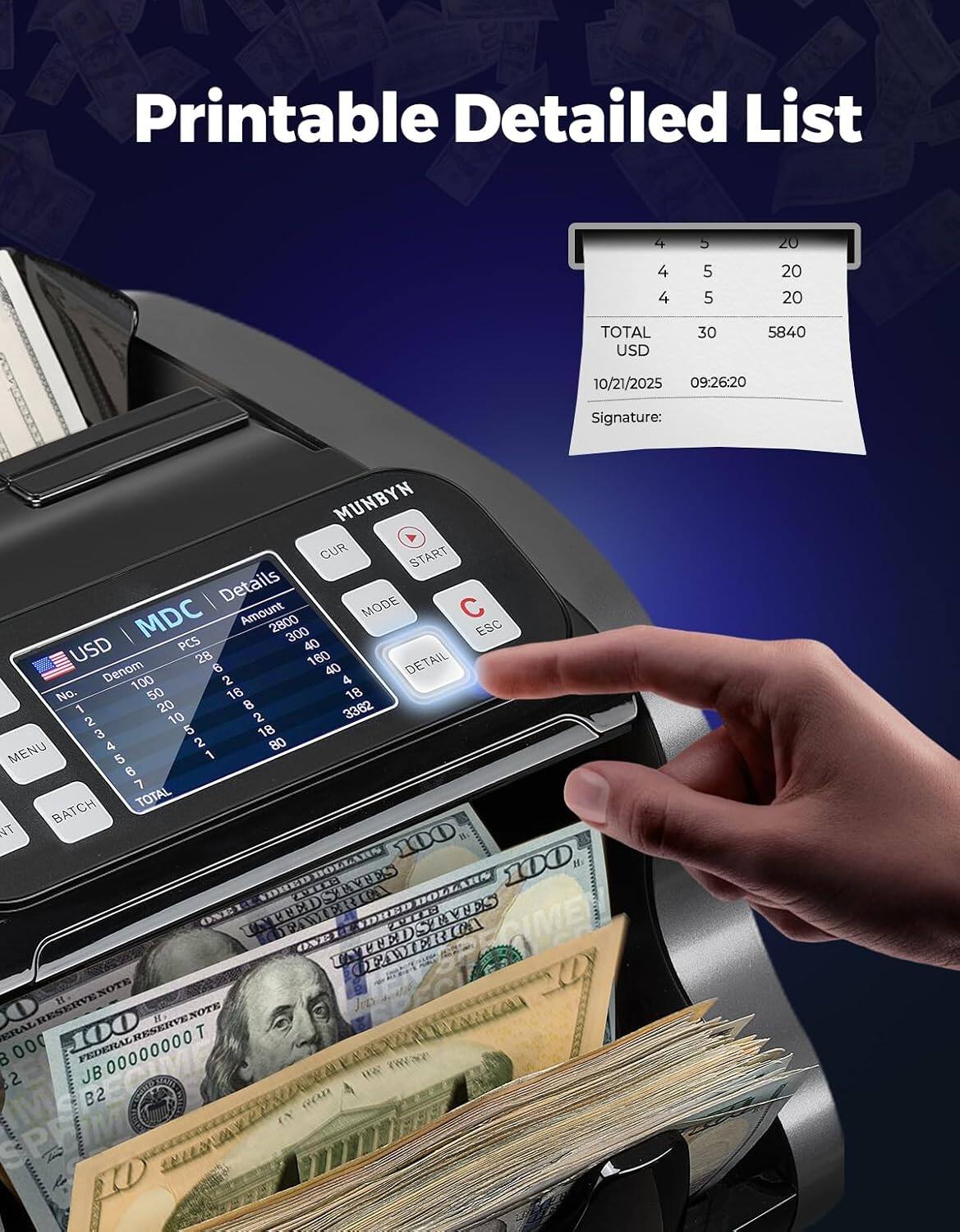 Printable Detailed List

4 5 20  
4 5 20  
4 5 20  

TOTAL USD 30 5840  
10/21/2025 09:26:20  

Signature: MUNBYN  

Details  
MODE MDC  
Amount C 2800 300  
ESC USD  
PCS 40 28 160  

DETAIL  
Denom 6 40 100 2 4  
No. 50 18 18 1 20 8 3382 2 10 2 3 5 18 4 2 80  

MENU 5 1  
TOTAL BATCH AT 100 DOLLARS  
HESS 100 VOHED  
ERICK DOLLARS ONEI SAWRIC  
B-C IME OoNE UPWIRC  

D ERAL 100 I T 8 000 00000000 2 JB B2 evenxers be