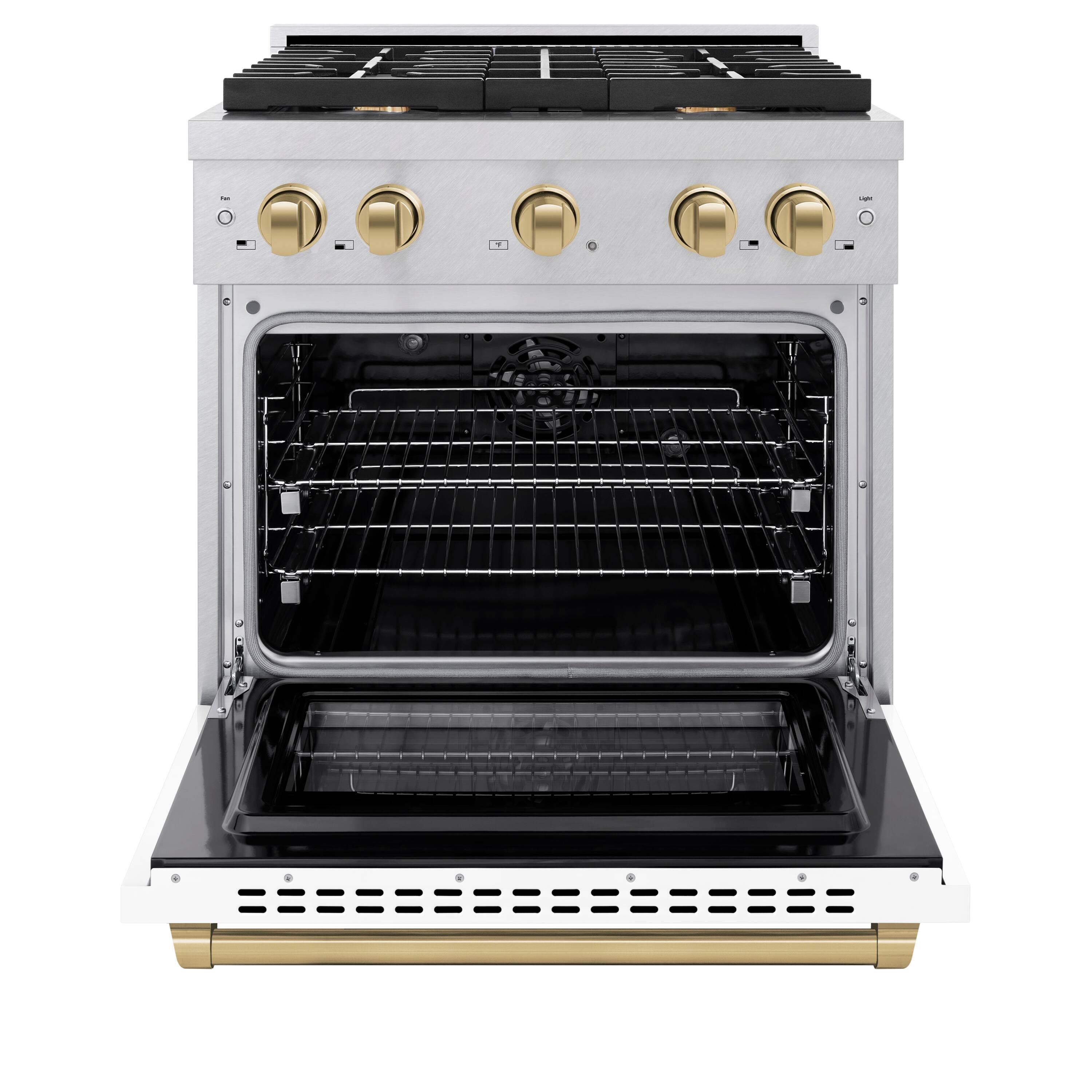 Angle. ZLINE - ZLINE Autograph 30 in. Paramount Dual Fuel Range with White and Bronze Accents (SDRSZ-WM-30-CB) - White.