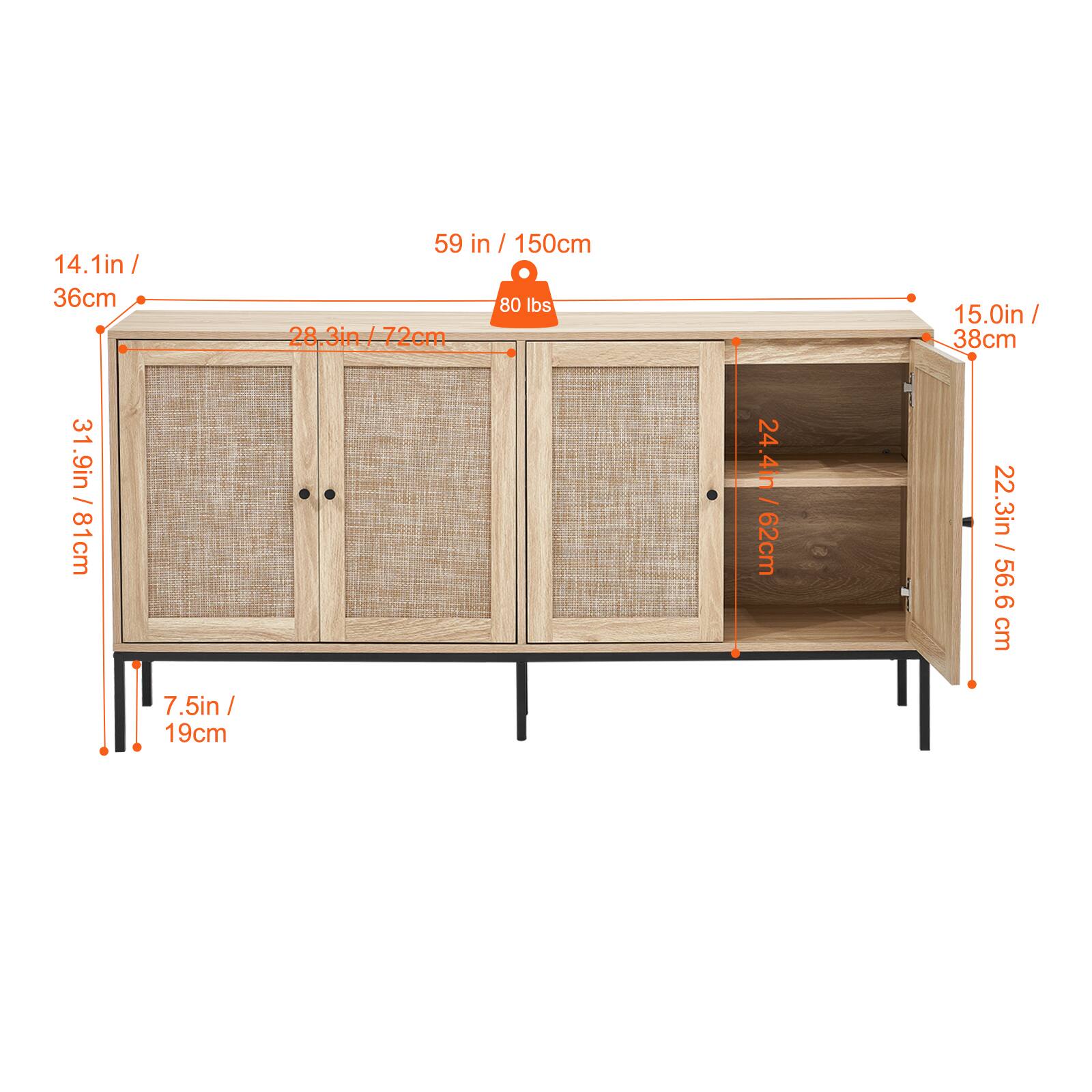 14.1in / 36cm  
59 in / 150cm  
80 lbs  
28.3in / 72cm  
15.0in / 38cm  
24.4in / 62cm  
22.3in / 56.6cm  
7.5in / 19cm  
31.9in / 81cm