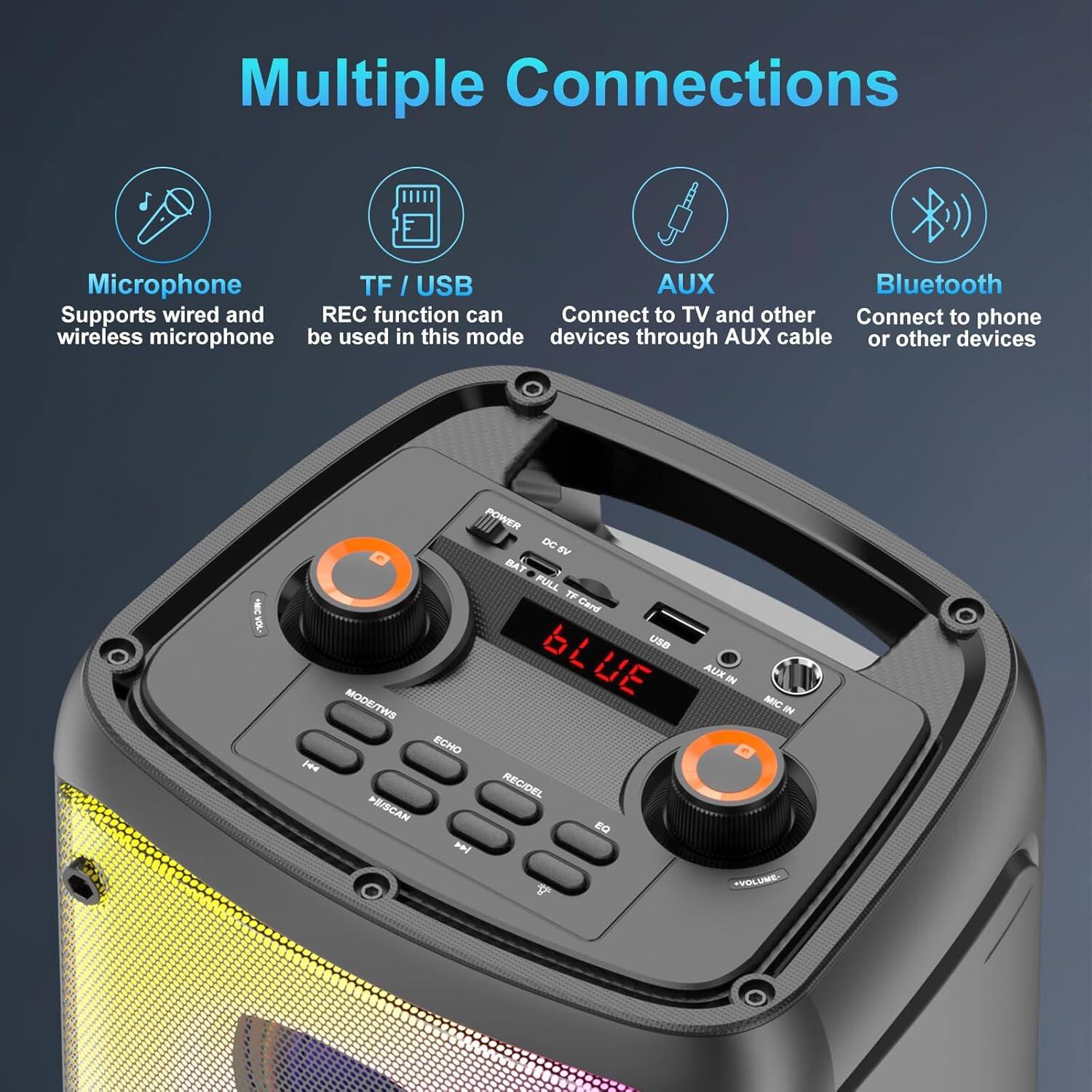 Multiple Connections

- Microphone: Supports wired and wireless microphone
- TF / USB: REC function can be used in this mode
- AUX: Connect to TV and other devices through AUX cable
- Bluetooth: Connect to phone or other devices

POWER DC BV BAT FULL TF Card bL use BLUE UE MODE/TWS ECHO F4 RECIDEL FEISCAN E0 P 5 AUX IN MIC IN *VOLUME-